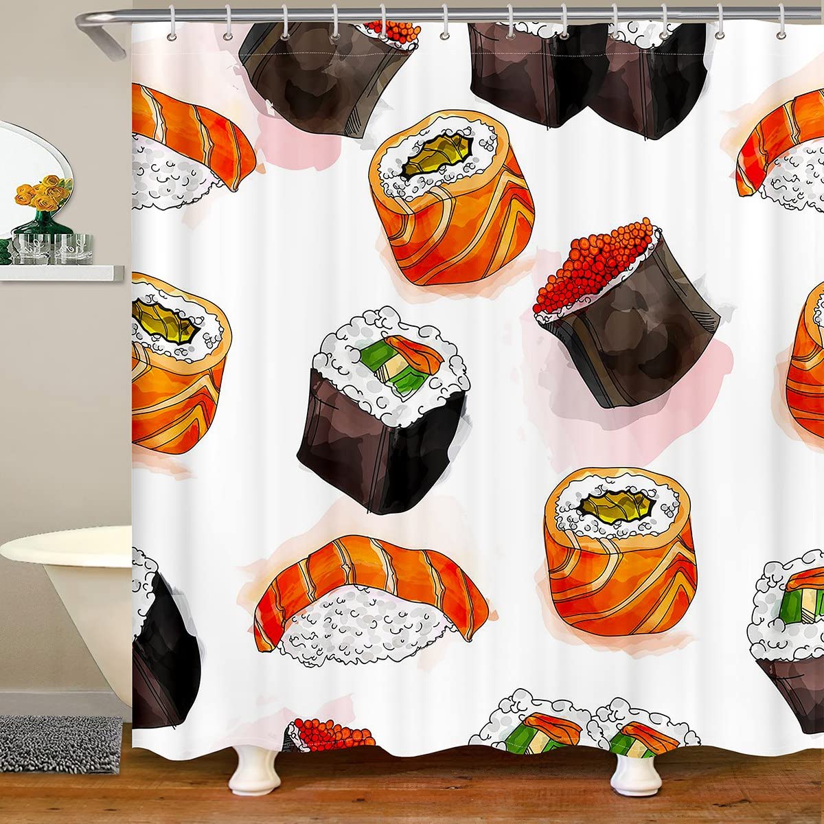 Feelyou Cute Cartoon Japanese Sushi Shower Curtain - 72x78 Inches Waterproof Fabric Bathroom Decor for Kids, Boys & Girls - Perfect for Themed Bathrooms, Anime Lovers & Sushi Enthusiasts