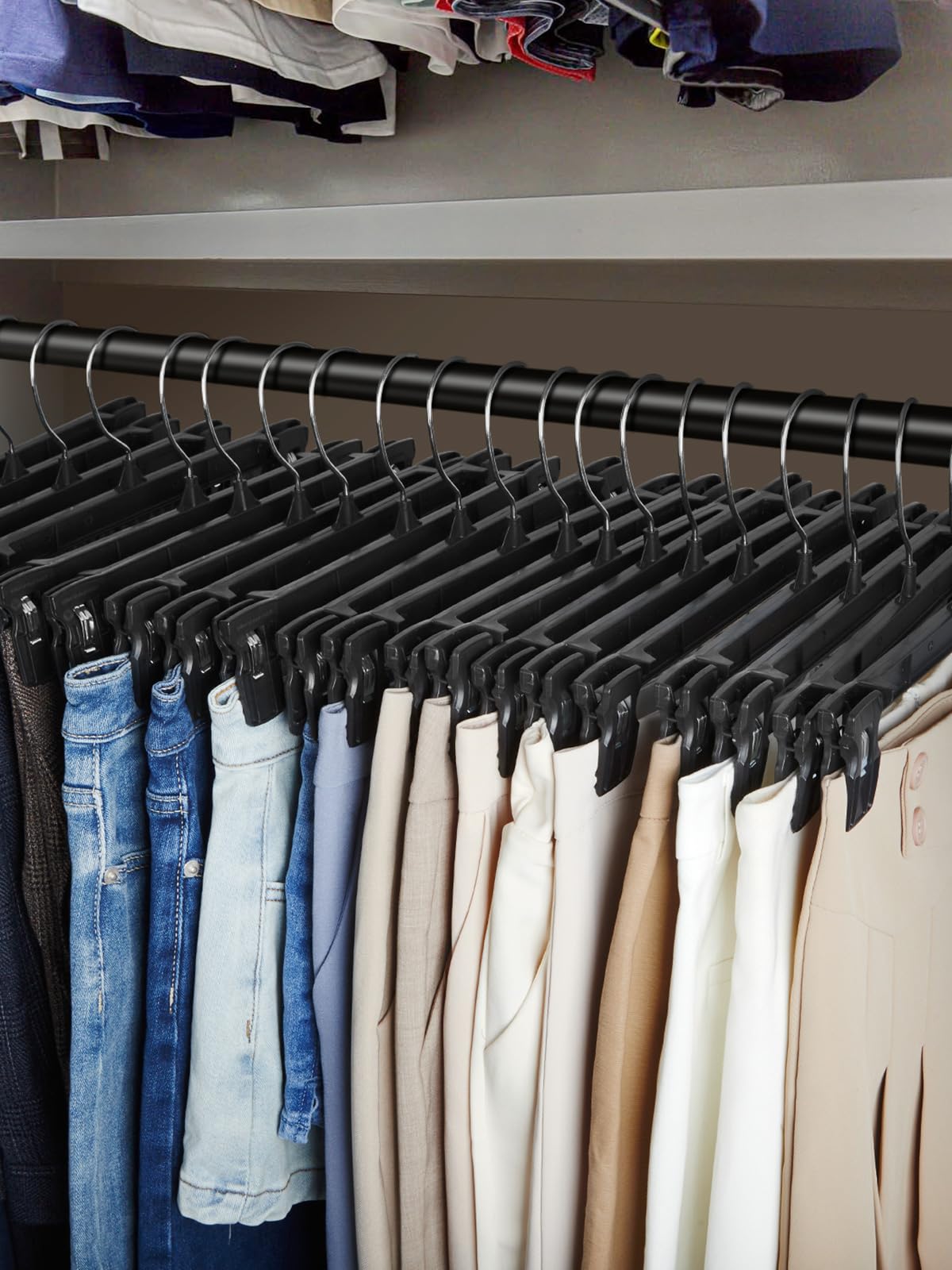Smartor 30-Pack Heavy Duty Plastic Pants Hangers with Non-Slip Clips - 14 Inch Black Shorts, Dress & Jean Hangers for Closet Organization - Perfect for Trousers, Skirts & Clothing Storage