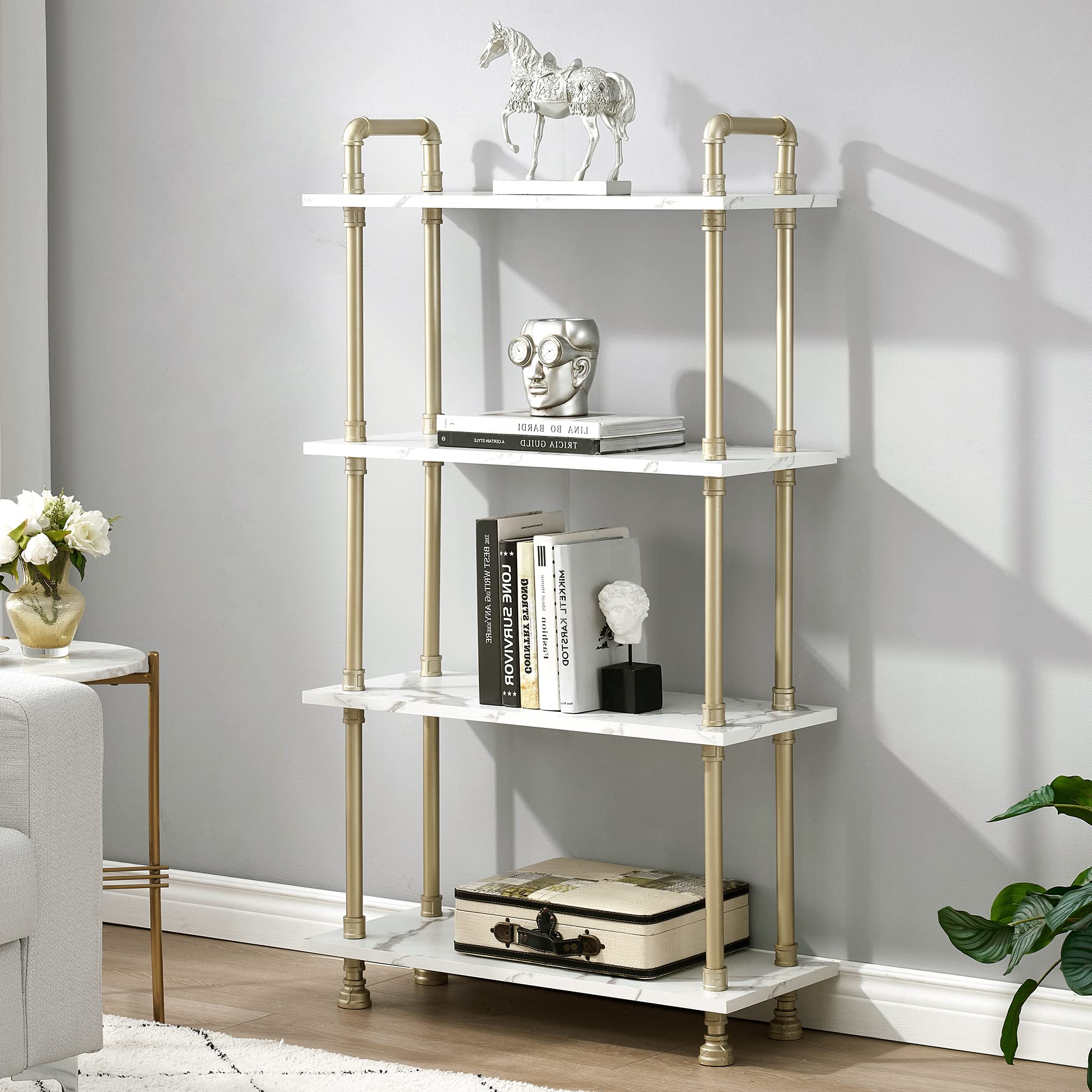 Ivinta 4-Tier Bookshelf - Modern Narrow Wood & Metal Bookcase for Living Room, Home Office, Plant Stand - White Marble Gold Storage Shelf | Space-Saving Home Decor, Books & Display Organizer BS404WGD