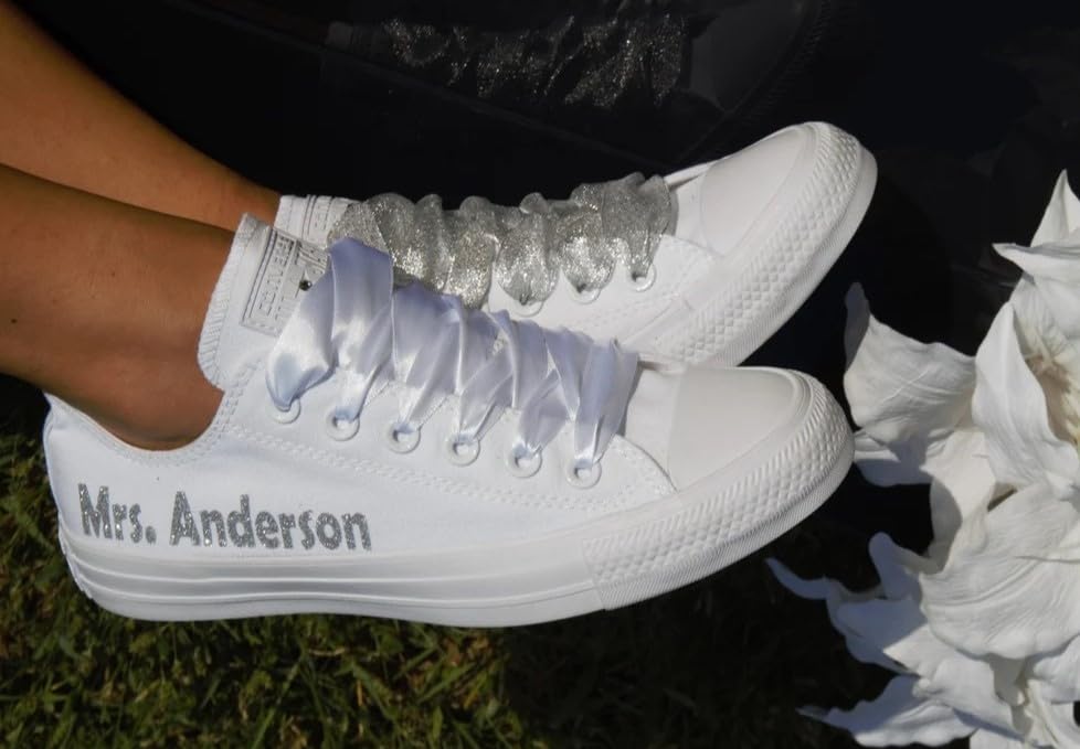 Custom Monogrammed Wedding Sneakers for Brides - Personalized Bridal Trainers & White Wedding Day Footwear - Perfect for Bridal Showers, Bachelorette Parties & Reception Dancing