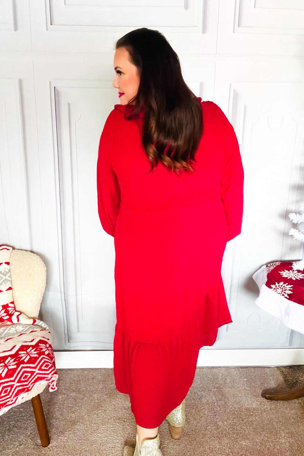 Elegant Holiday Red Overlap Ruffle V-Neck Midi Dress for Women | Christmas Party, Cocktail Event & Special Occasion Outfit