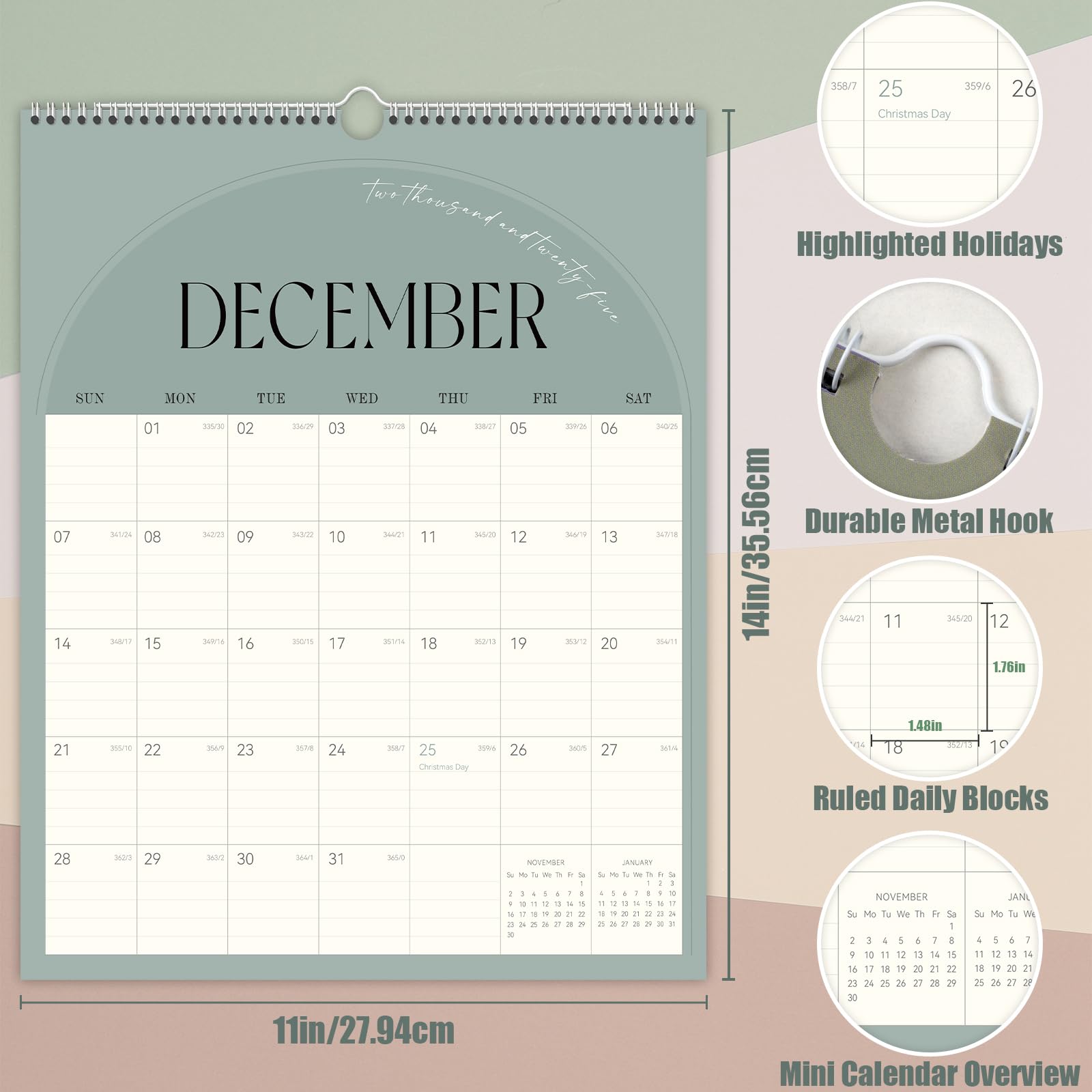Guasslee 2025-2026 Wall Calendar | 19-Month Spiral Bound Vertical Planner (June 2025-December 2026) | 14