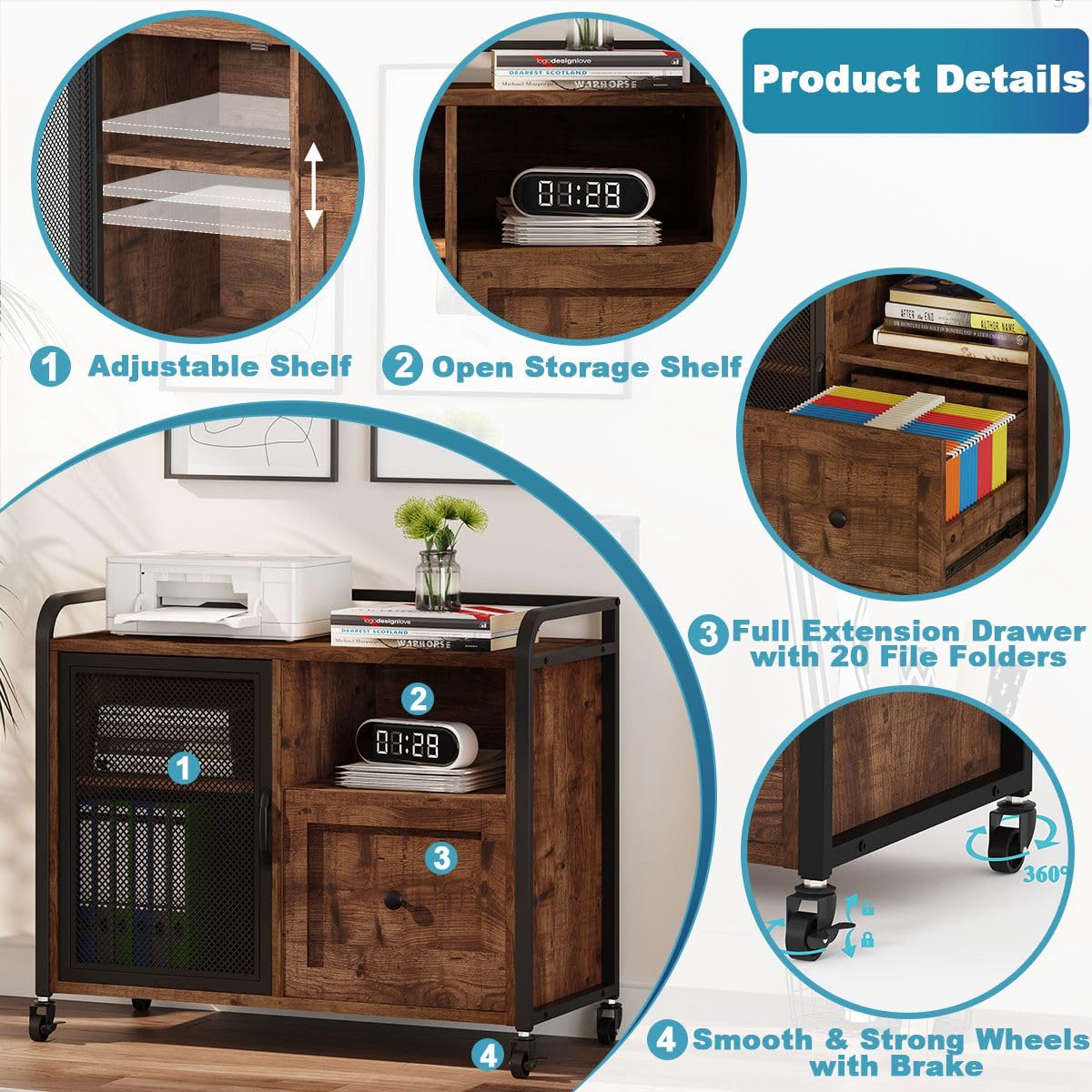 BON AUGURE Rolling Lateral File Cabinet - Rustic Oak Wood & Metal Home Office Storage with Printer Stand & Drawer | Perfect for Small Spaces, Under Desk Organization & Office Decor