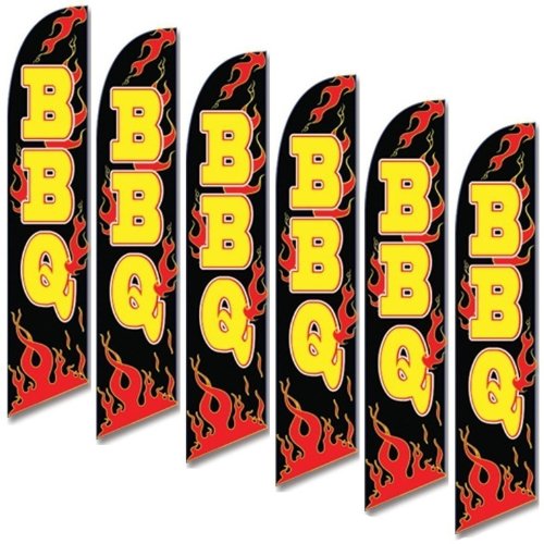6 Pack Full Sleeve Swooper Flags - Black BBQ Grill Flags with Yellow Text & Red Flames for Outdoor Parties, Tailgating, and Backyard Decorations