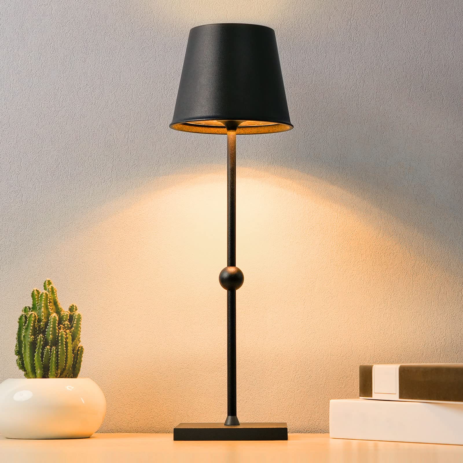 HUIVEOO Cordless LED Table Lamp - 3 Color Stepless Dimming, 5200mAh Rechargeable Battery, Modern Portable Light for Home, Office, Restaurant, Cafe, Patio & Outdoor Use (Black)