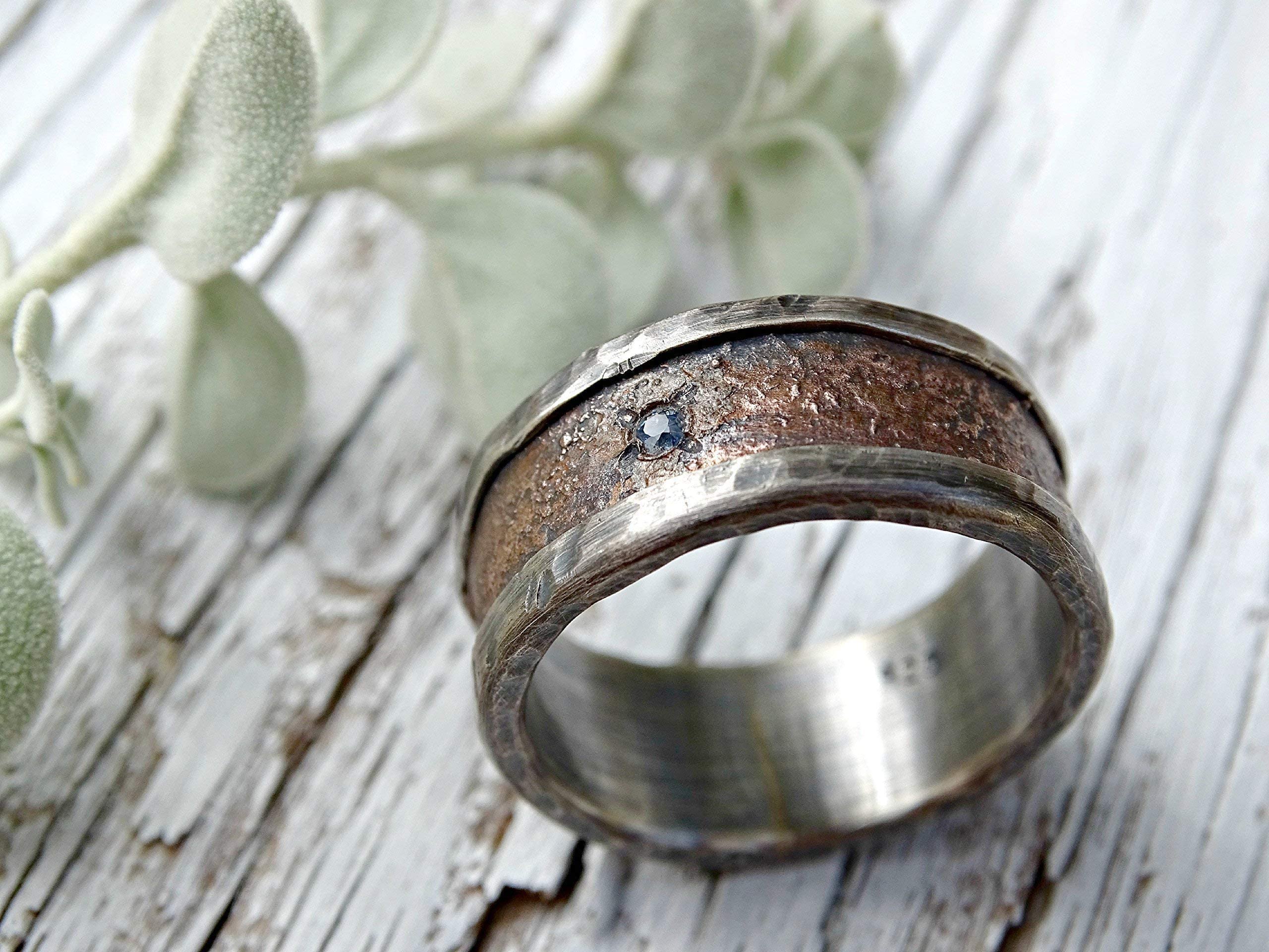 Unique Silver Bronze Men's Ring - Personalized Raw Gemstone Engagement & Wedding Band - Rustic Big Size Birthstone Ring for Men - Perfect for Gifts, Proposals, and Everyday Wear