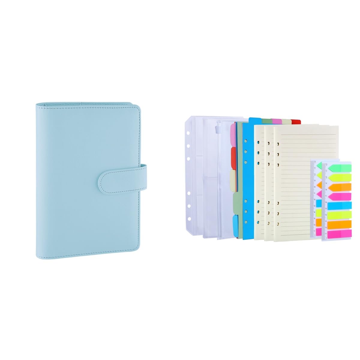 Antner A6 PU Leather Notebook Binder (Mint Blue) with 3-Pack Refill Paper, 160 Neon Page Markers & Dividers - Perfect for School, Office & Planner Organization