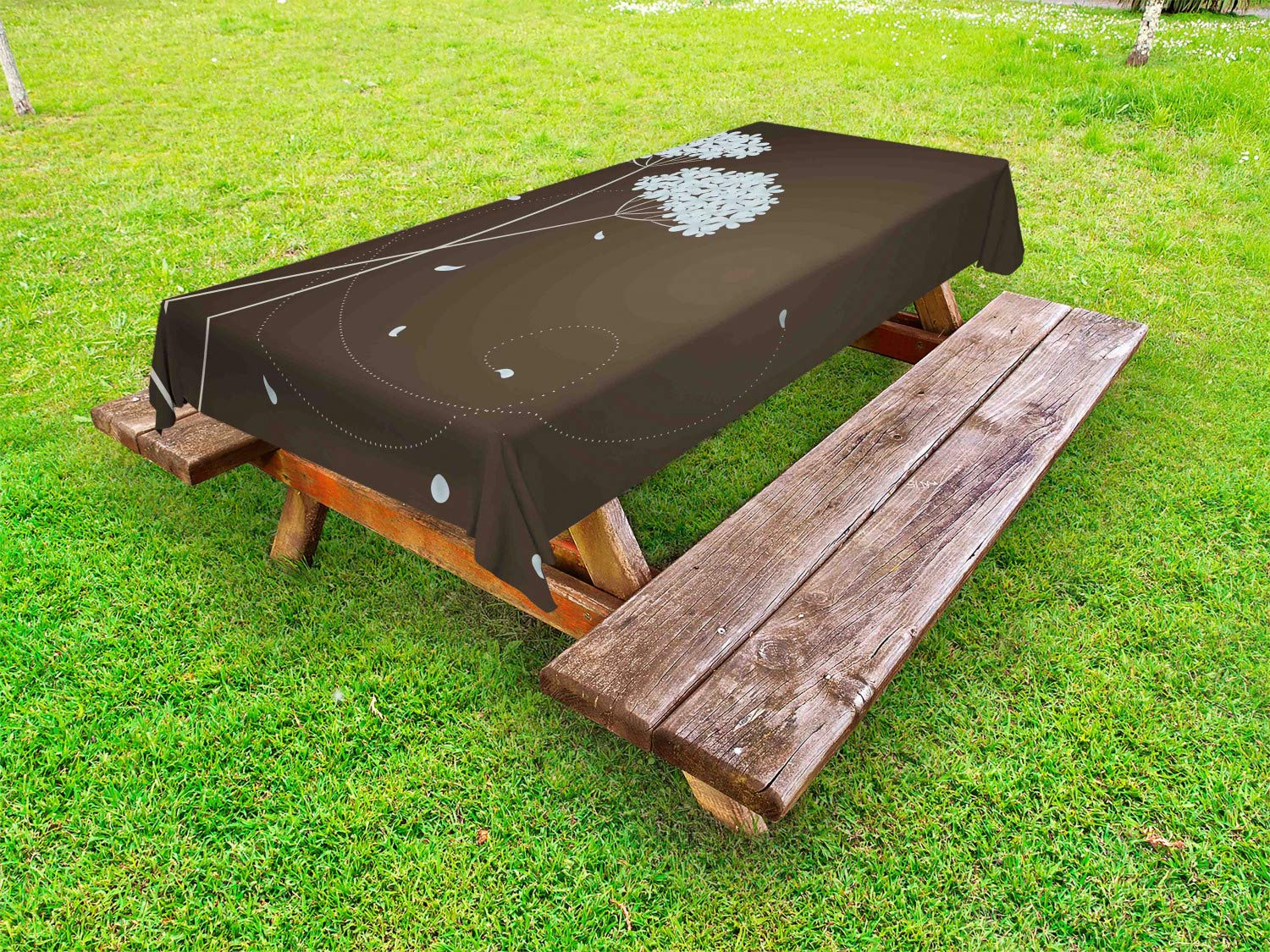 Ambesonne Floral Autumn Tablecloth - Brown & Blue Washable Outdoor Picnic Table Cover with Swirl Lines & Falling Leaves Design, 58