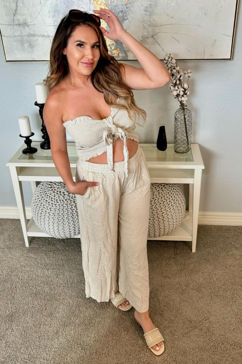 Beige Front Tie Maternity Crop Top and Pants Set - Comfortable Pregnancy Outfit for Casual Wear & Maternity Photos