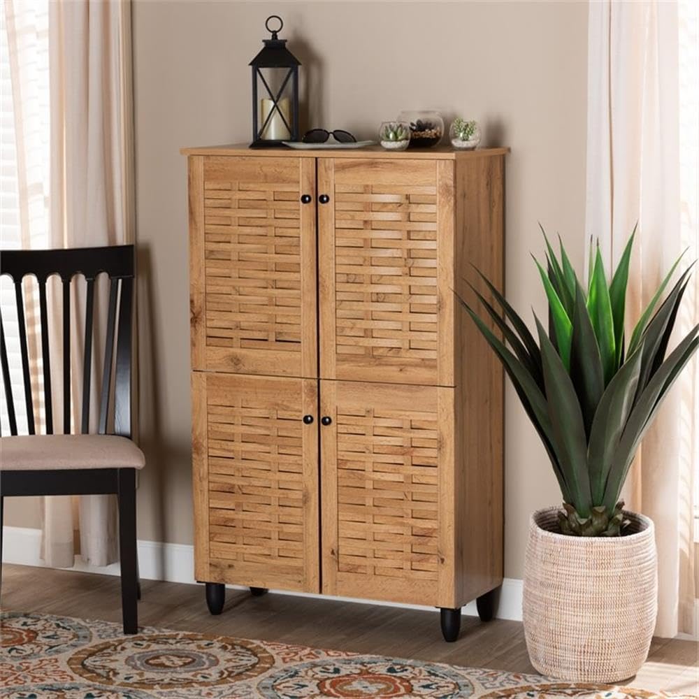 Baxton Studio Winda Modern 4-Door Shoe Storage Cabinet - Solid Oak Wood with Brown Finish for Entryway, Closet & Bedroom Organization