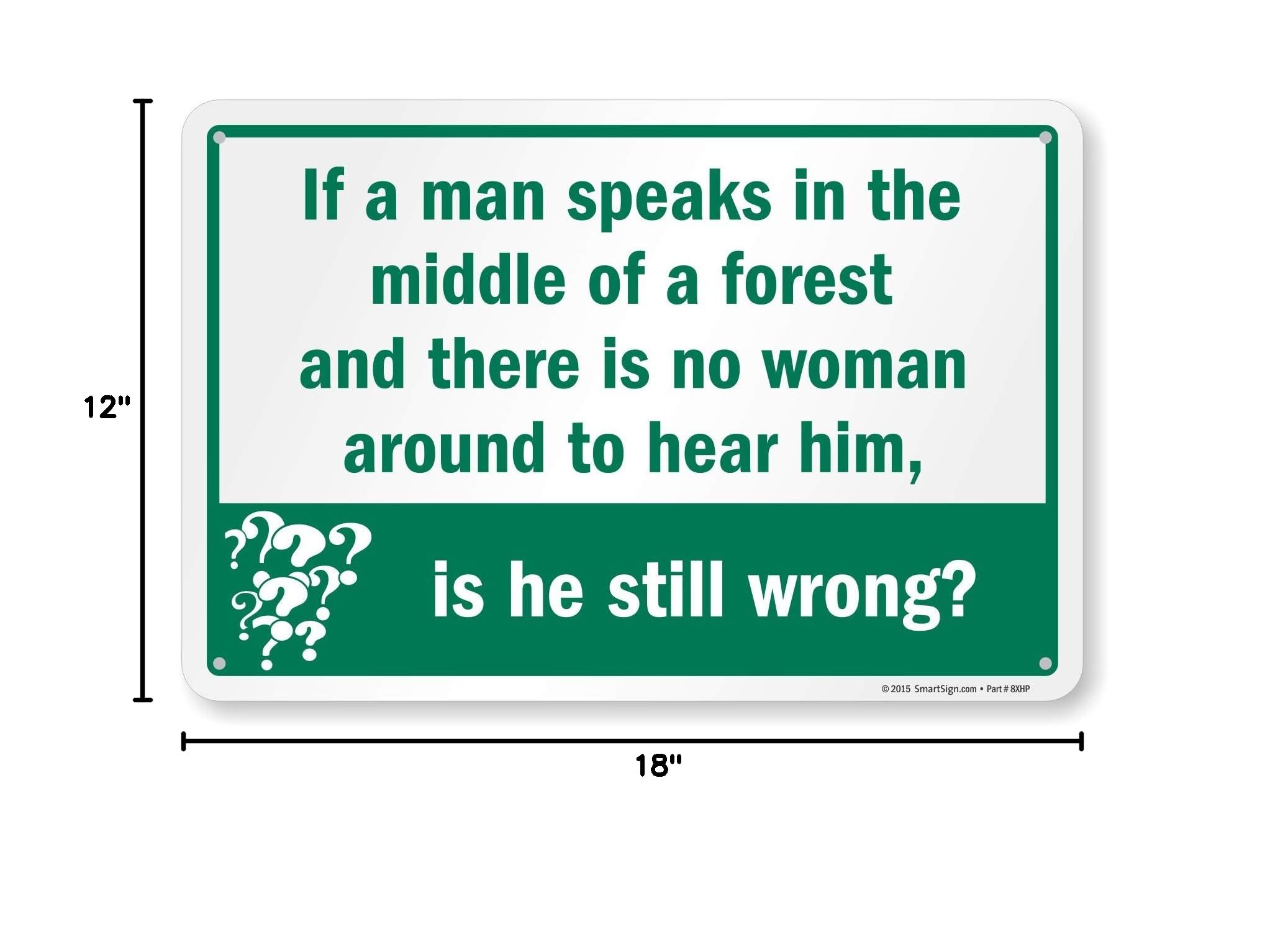 SmartSign Funny Aluminum Sign - 'If A Man Speaks in The Middle of A Forest and There is No Woman Around, is He Still Wrong?' | 12