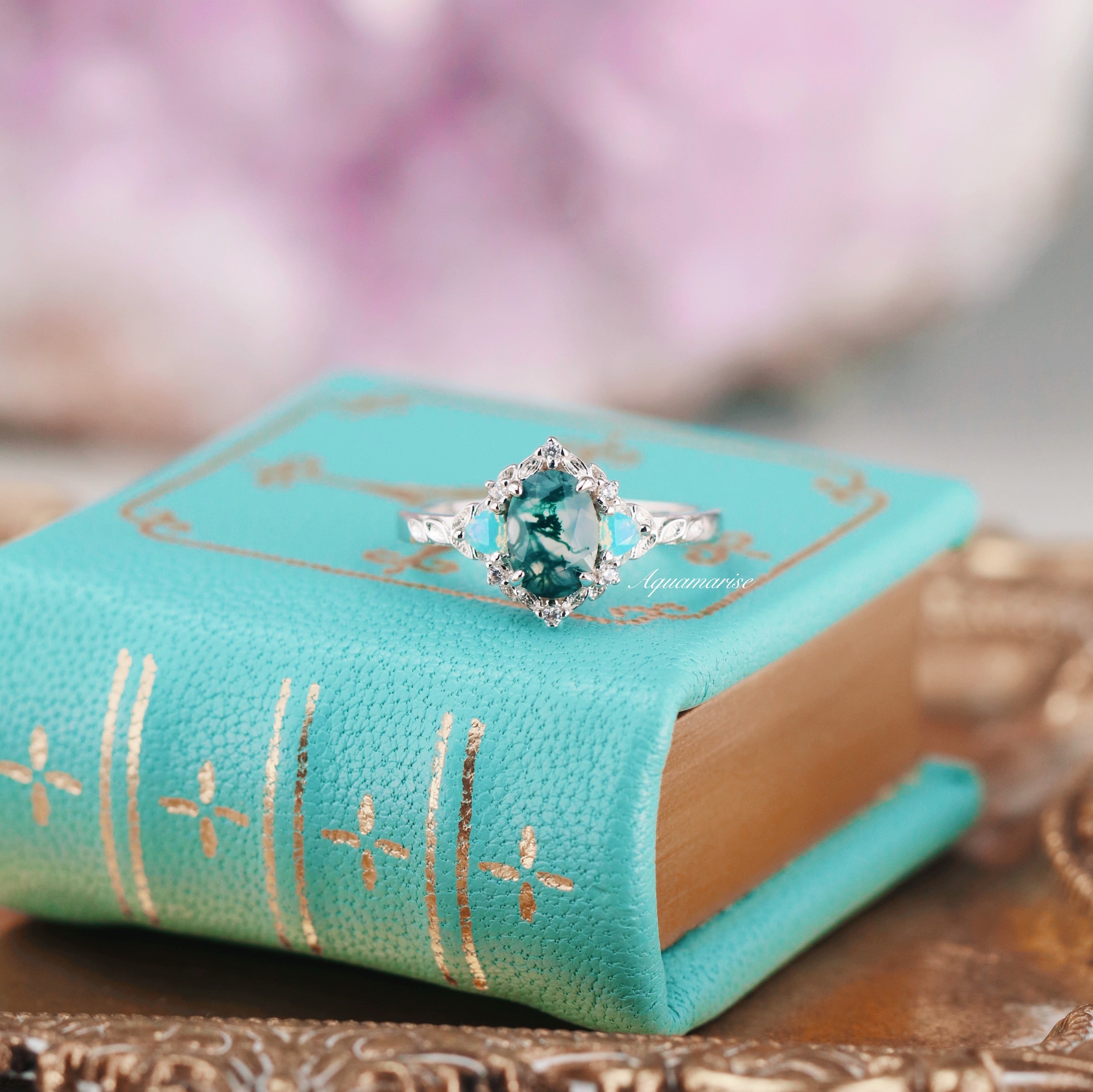 Elegant Moss Agate & Opalescent Sapphire Leaf Ring in Sterling Silver - Perfect for Nature-Inspired Jewelry Lovers, Weddings & Boho Fashion