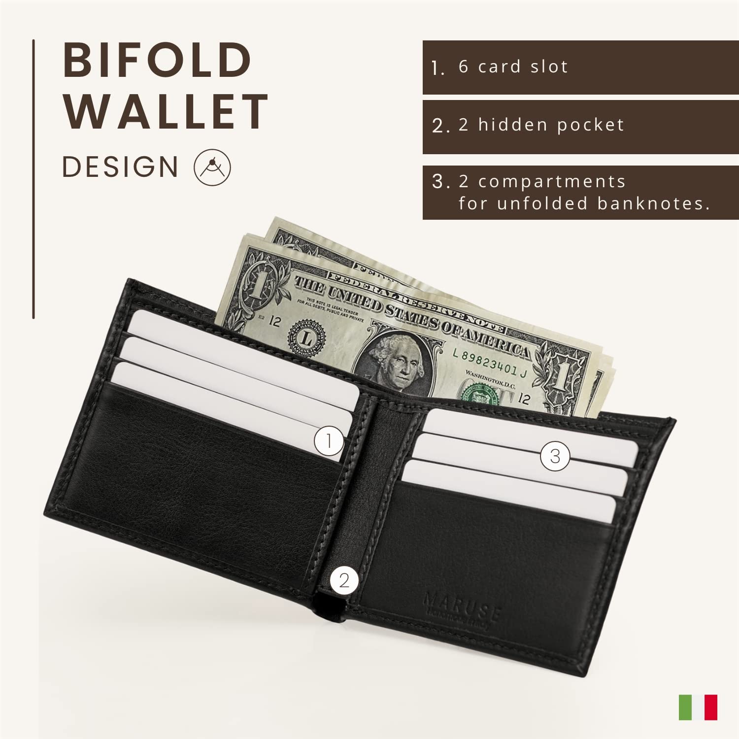 Maruse Bifold Wallet for Men - Slim Genuine Italian Calf Leather Wallet - Elegant & Minimalist RFID Blocking - Perfect for Everyday Carry, Business & Travel - Black