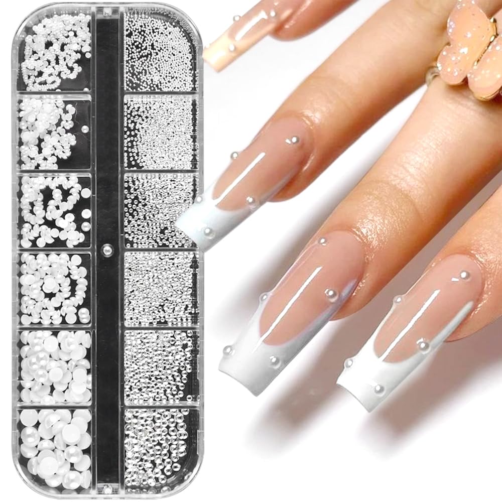 Dornail 12 Grids White Pearl Beads for Nails - Half Round Stainless Steel Caviar Beads & Flatback Pearls - DIY Nail Art Charms for Women - Perfect for Nail Decoration, Manicures, and Crafting Projects