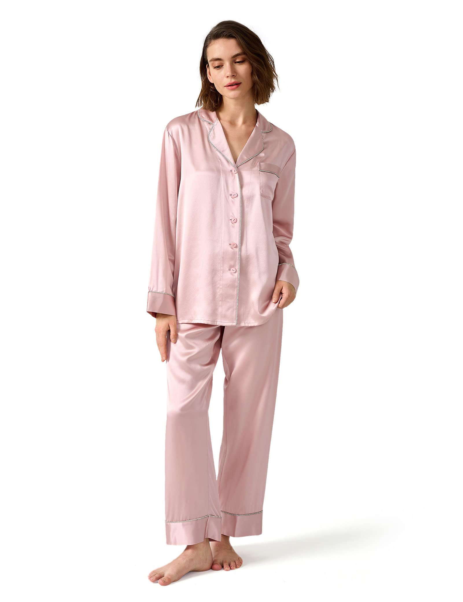 Luxury 100% Pure Silk Pajama Set for Women - Rhinestone Trimmed Long Sleeve Sleepwear & Loungewear | Perfect for Relaxing at Home, Spa Nights & Gift Giving