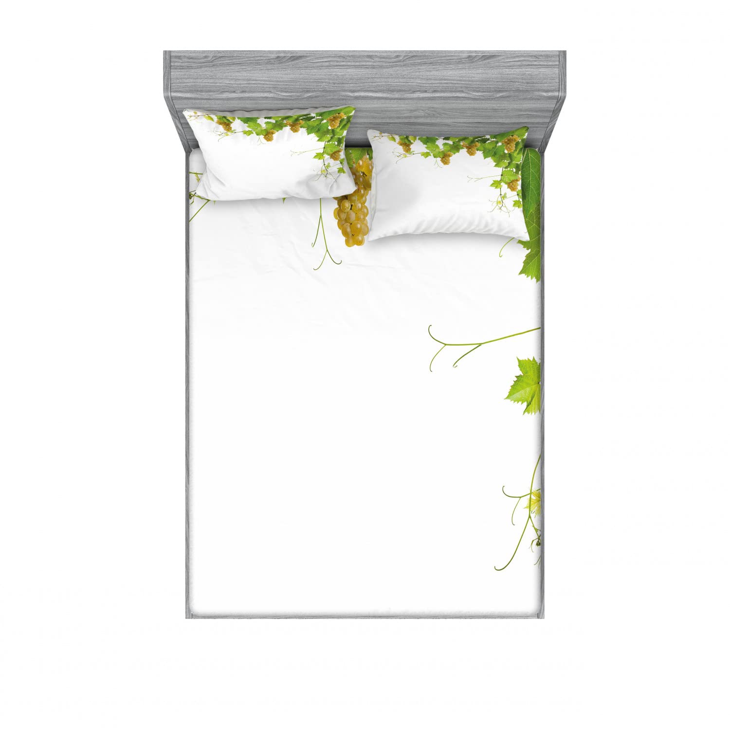 Ambesonne 2-Pack Queen Size Fitted Sheet Set with 4 Pillow Shams - Berry Vineyard Farmhouse Design in Green & Yellow - Soft Bedding for Guest Rooms, Vacation Homes & Cozy Bedroom Decor