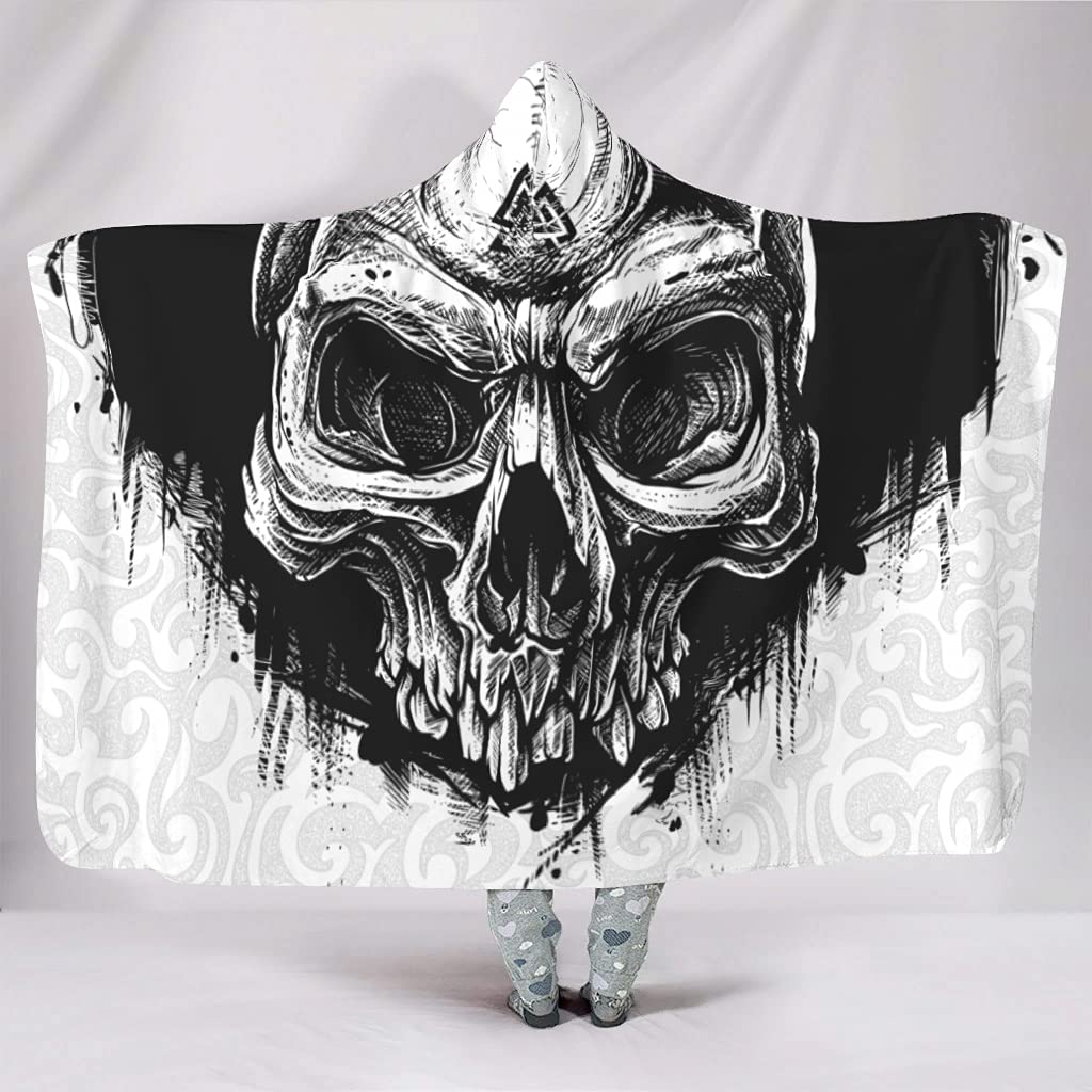 Viking Runes Skull Hooded Blanket - Extra Soft Sherpa Fleece Wearable Blanket for Adults & Kids (60x80 inches, White) - Perfect for Movie Nights, Camping & Cozy Winter Evenings