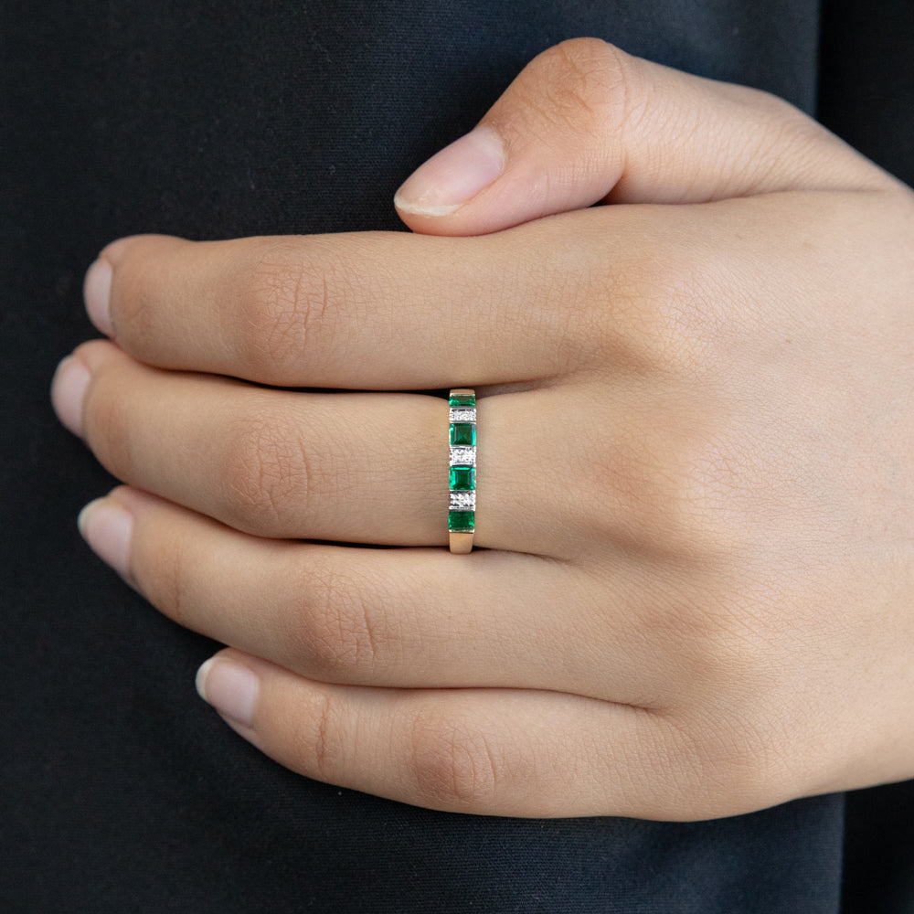 9ct Gold Created Emerald and Diamond Ring - Elegant Jewelry for Women, Perfect for Engagement, Wedding & Special Occasions