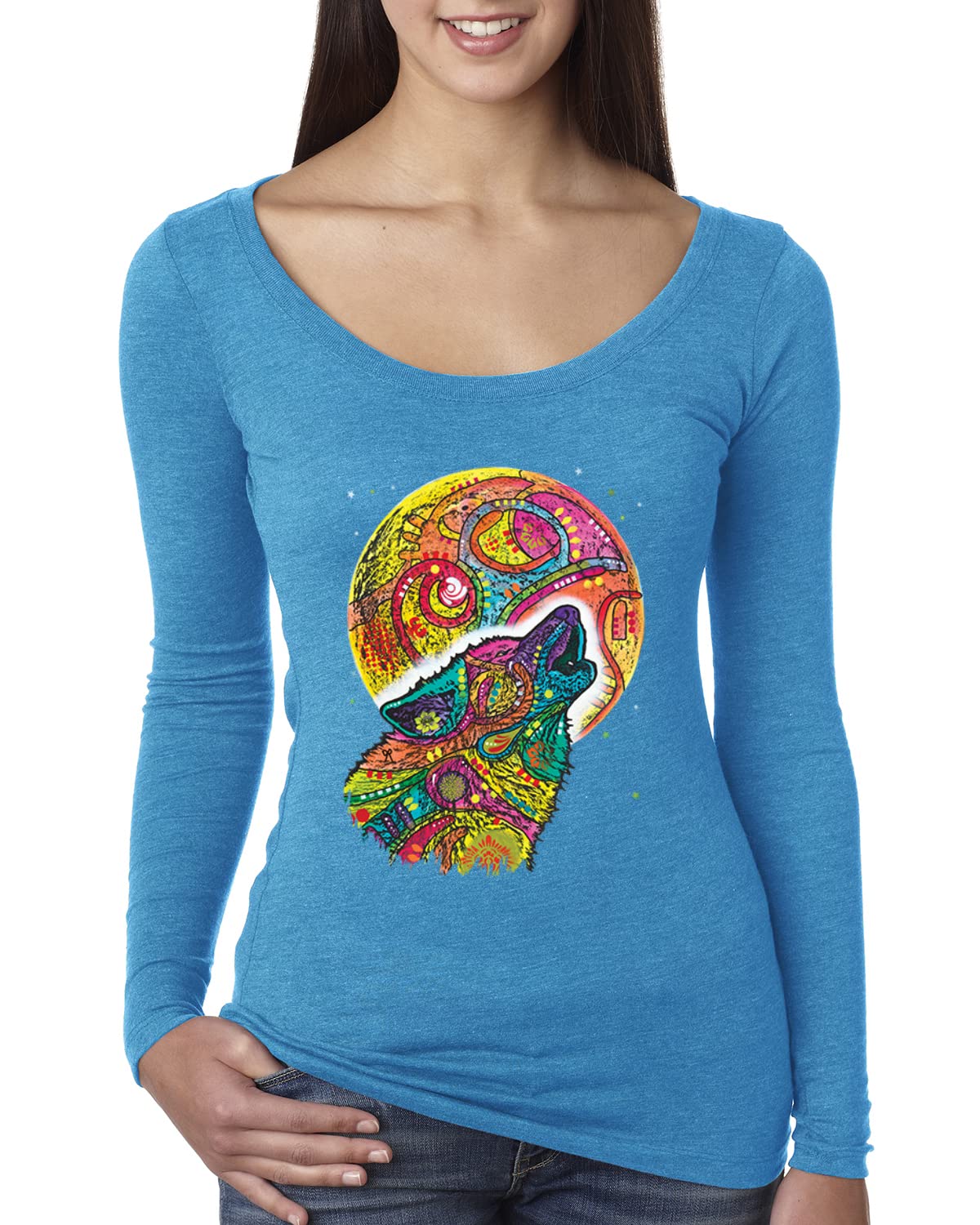 Dean Russo Howling Wolf at Moon Neon Art Print Women's Long Sleeve Scoop Neck T-Shirt - Animal Lover Gift, Casual Wear & Art Enthusiast Fashion