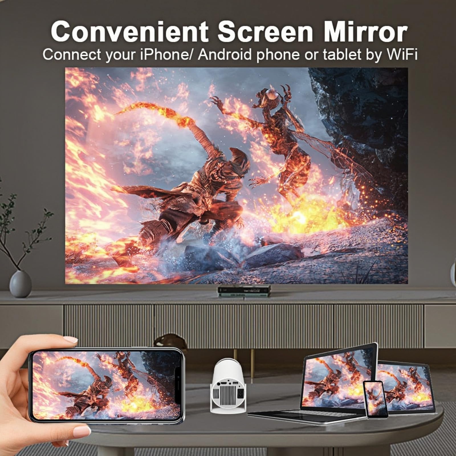 Beam Master Pro 4K Portable Projector with Auto Keystone, 2.4/5G WiFi & Bluetooth - 130 Inch Screen, 180° Adjustment - Perfect for Home Theater, Outdoor Movies, Gaming, and Office Presentations (White)
