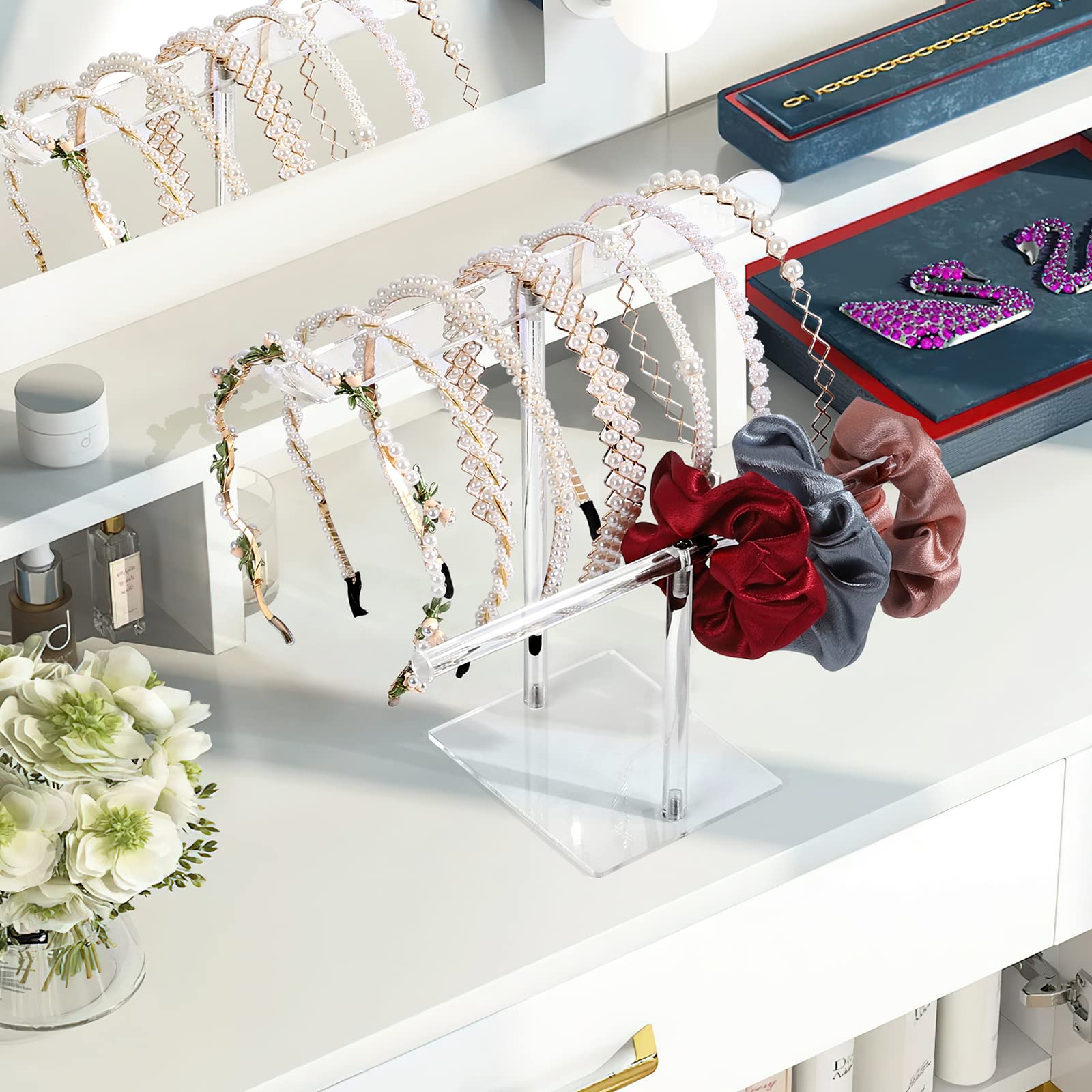 Clear Acrylic Headband & Scrunchie Holder Organizer - Hair Ties Storage Display Stand for Women & Girls | Perfect for Bedroom Vanity, Bathroom Counter & Travel Makeup Bag Organization