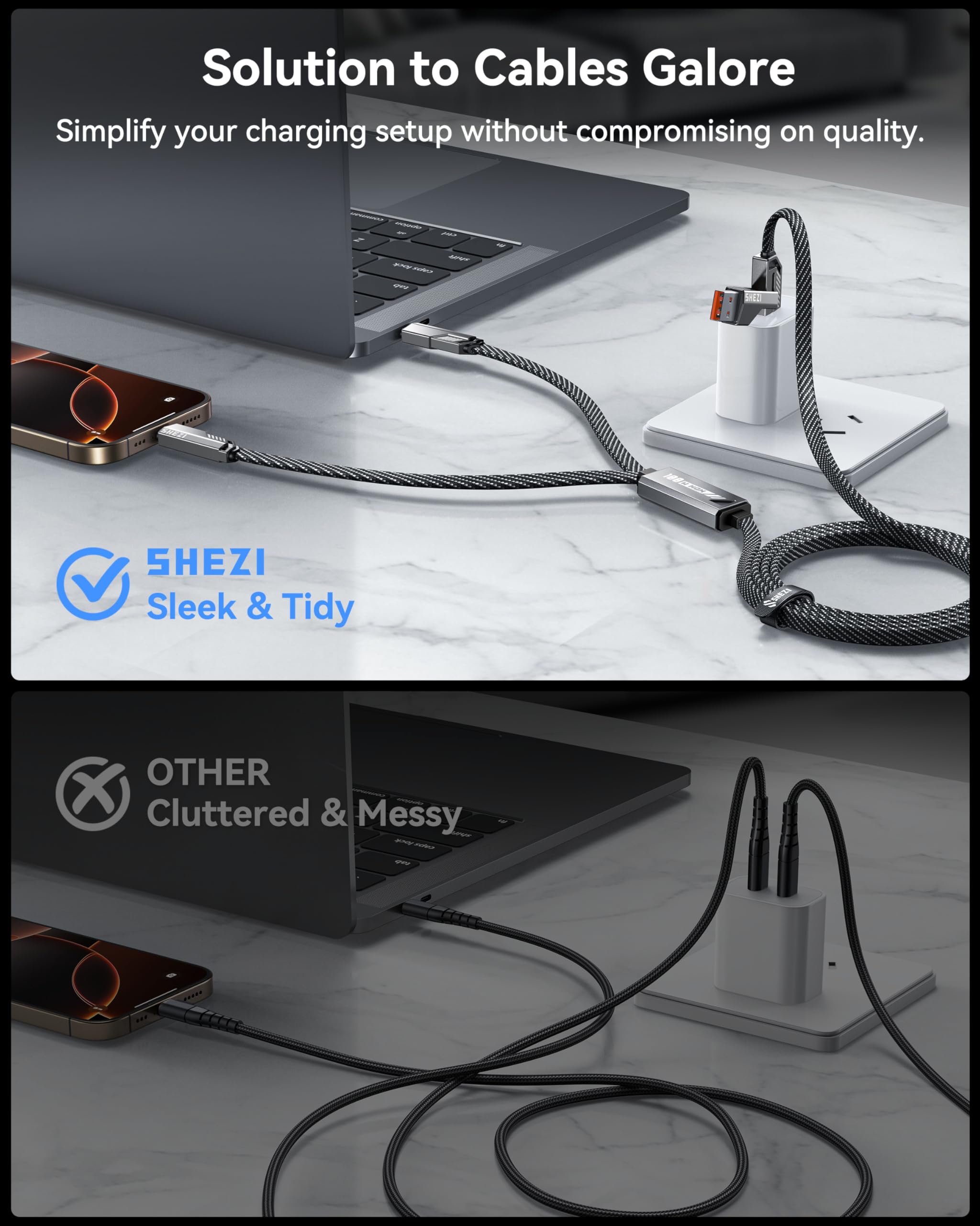SHEZI 100W USB C Fast Charging Cable 5FT - 4-in-1 Multi Charger with USB A to Dual USB C Ports - Nylon Braided Cord Compatible with iPhone 16/15, MacBook, Samsung Galaxy - Perfect for Home, Office & Travel Charging