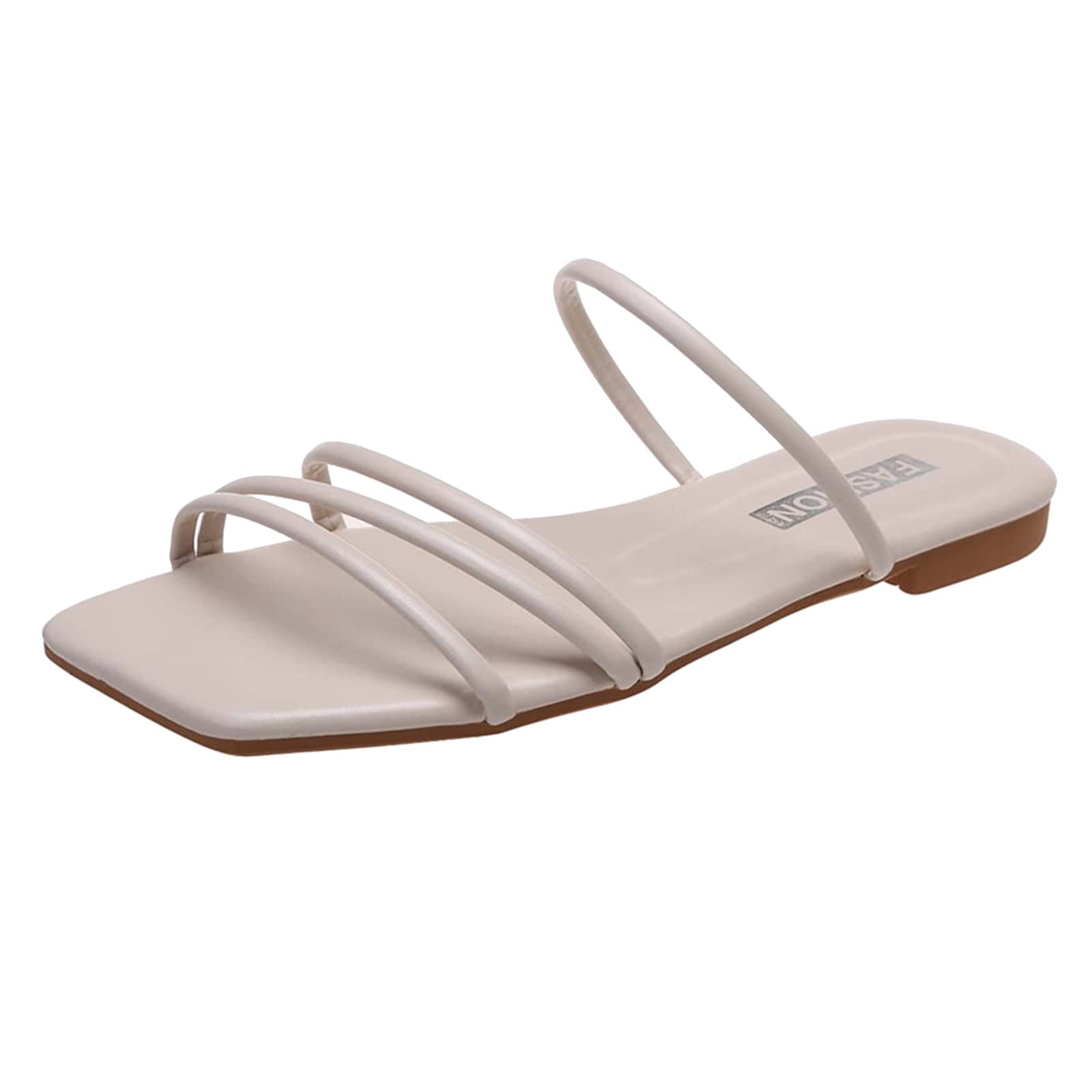 Women's Flat Open-Toe Strap Sandals - Square Toe Beach Slippers for Summer Casual Wear - Comfortable Fairy Fashion Slides - US Size 6 (Beige, 7.5) - Perfect for Beach, Poolside, and Home Relaxation