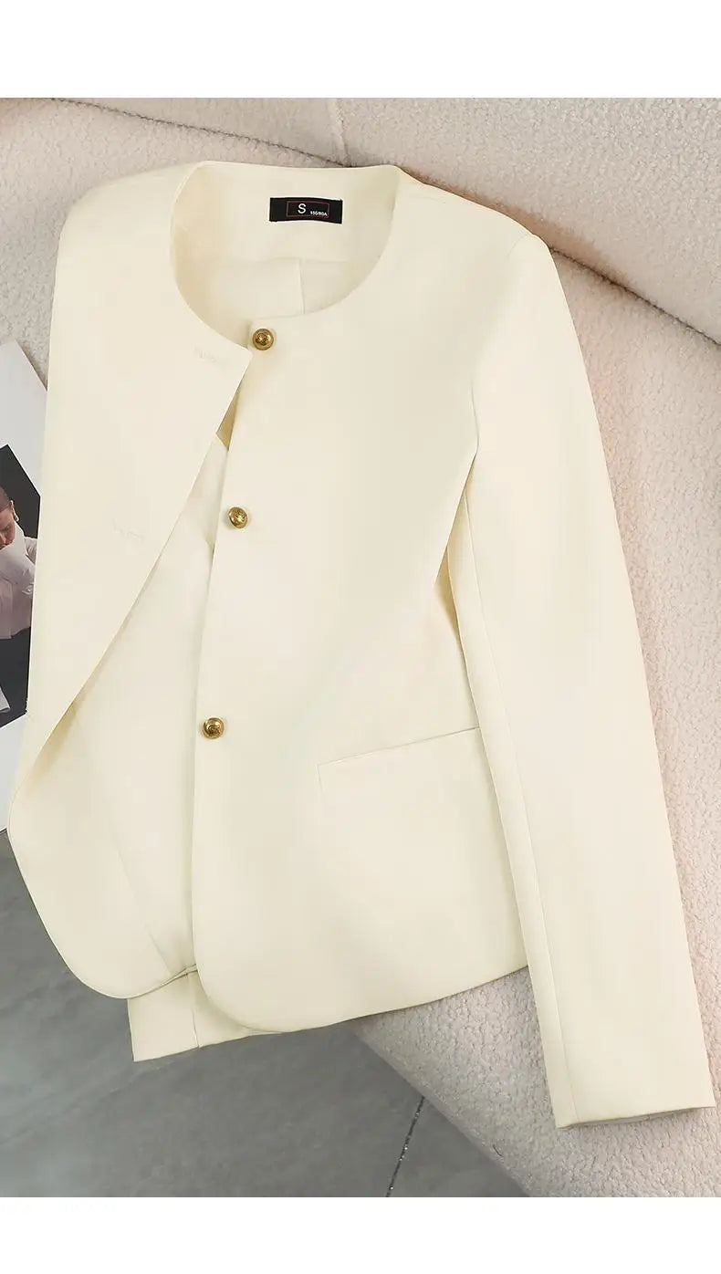 Women's Slim Fit Long Sleeve Blazer Coat - Black/Beige/Pink Round Neck Single Breasted Office Jacket for Spring & Autumn | Professional Workwear, Business Attire & Formal Occasions