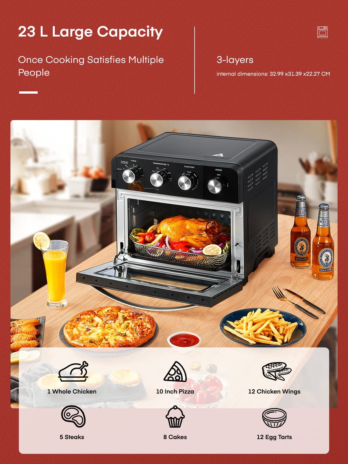 FOHERE 23L Air Fryer Oven with Rotisserie - 6-in-1 Multi-Function Countertop Convection Oven, Oil-Free Cooking, Energy Saving Independent Temp Control, Includes 6 Accessories & 100 Recipes (1700W) - Perfect for Small Kitchens, Healthy Meals, and Quick Family Dinners