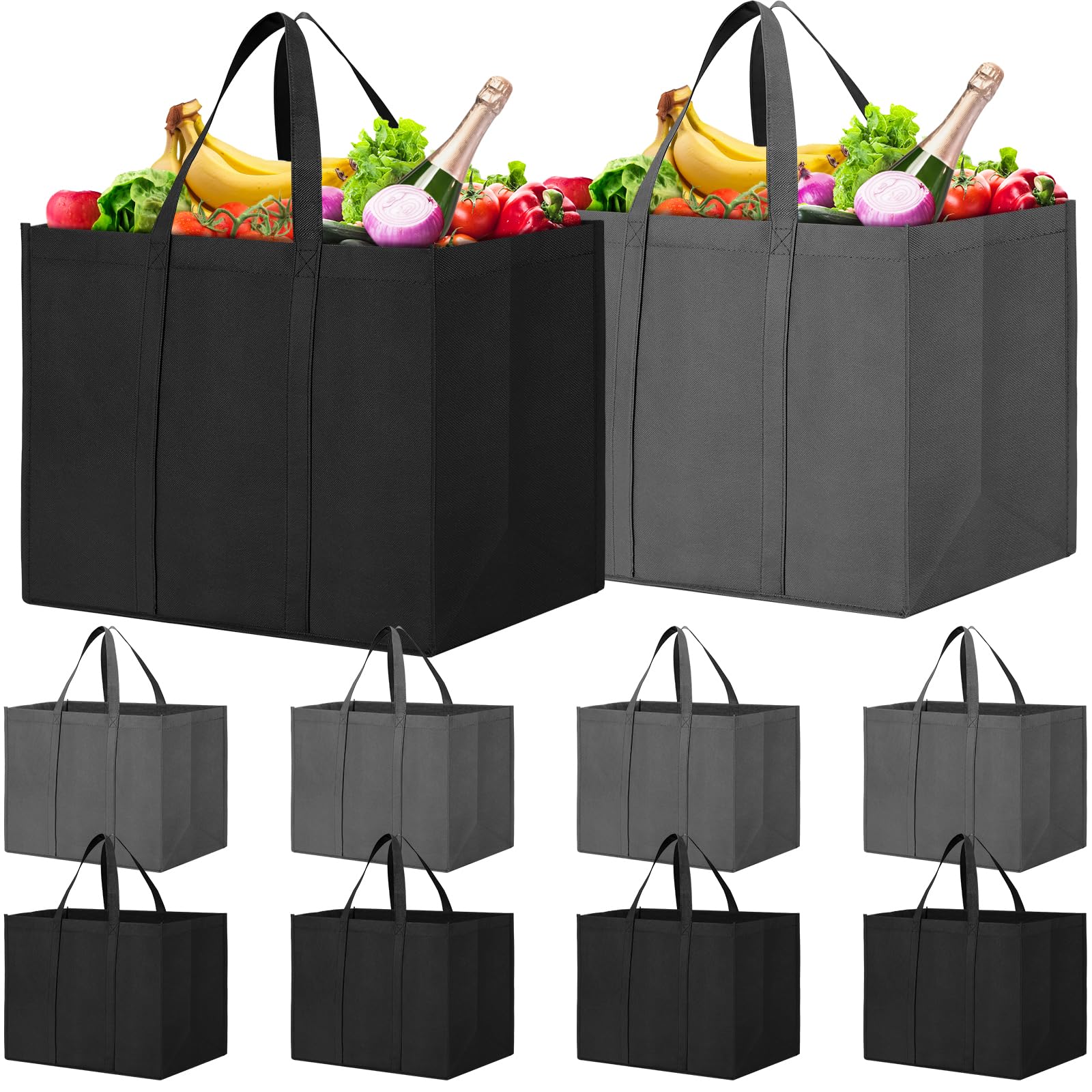 WISELIFE 10 Pack Reusable Foldable Grocery Shopping Tote Bags - Eco-Friendly Heavy Duty Produce Bags with Long Handles for Groceries, Clothes & Travel (Dark Grey & Black) - Perfect for Supermarkets, Farmers Markets & Daily Errands