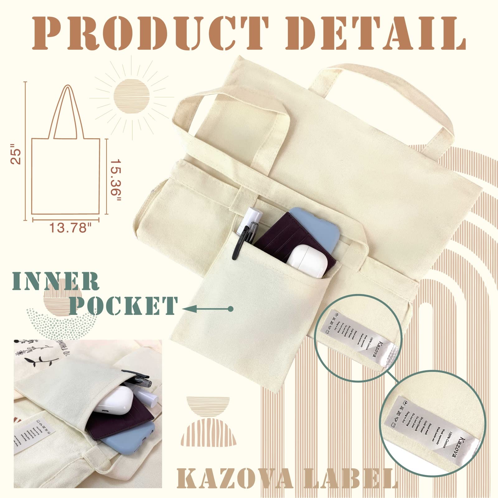 Kazova Cotton Canvas Tote Bag - Abstract Rainbow & Sun Design, Minimalist Reusable Grocery Bag, Eco-Friendly Geometric Shoulder Bag for Women | Perfect for Shopping, Beach, Work & Gift Giving