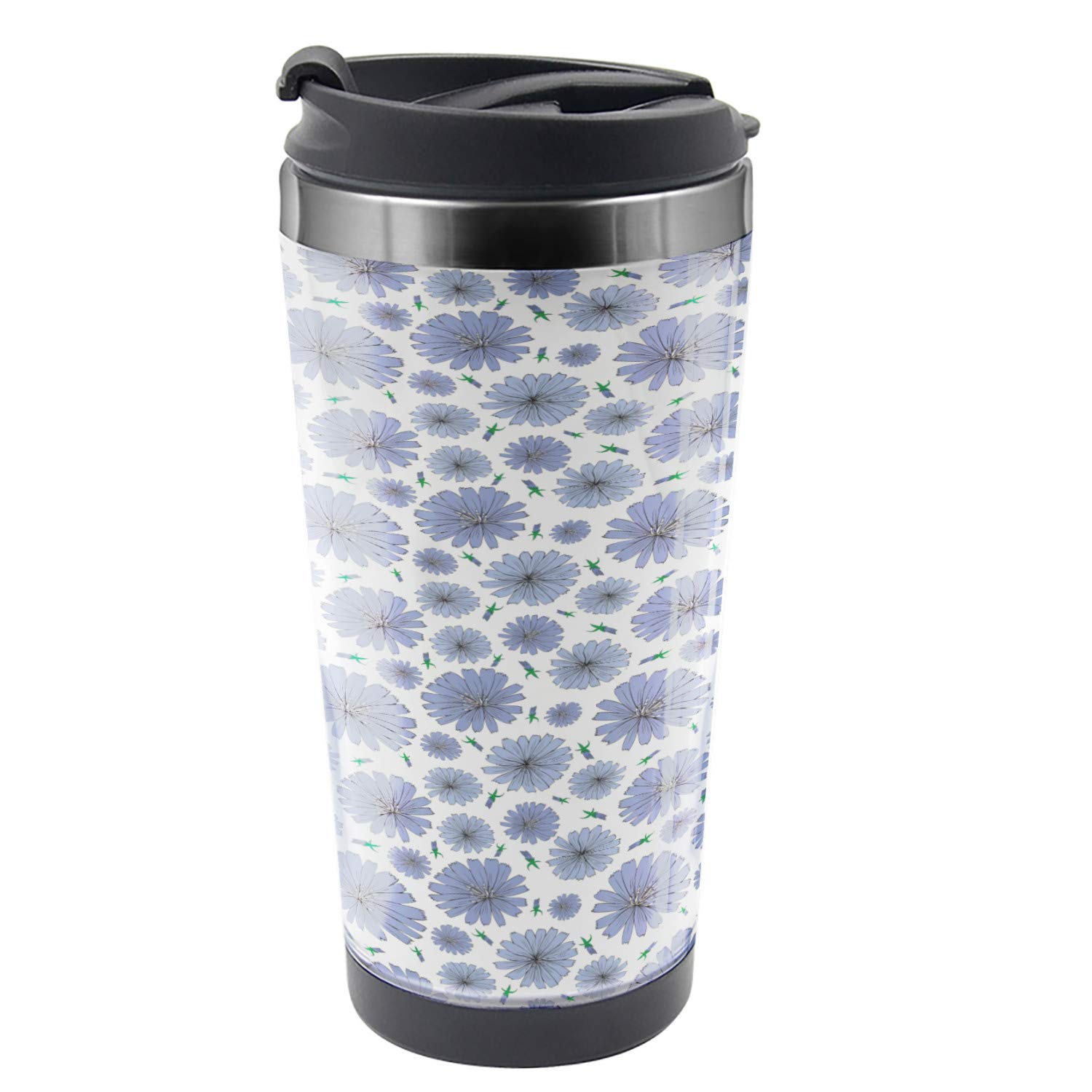 Ambesonne Floral Travel Mug - 16 oz Insulated Stainless Steel Coffee Cup with Chicory Flower & Daisy Design, Lavender Blue White - Perfect for Office, Commuting & Outdoor Adventures