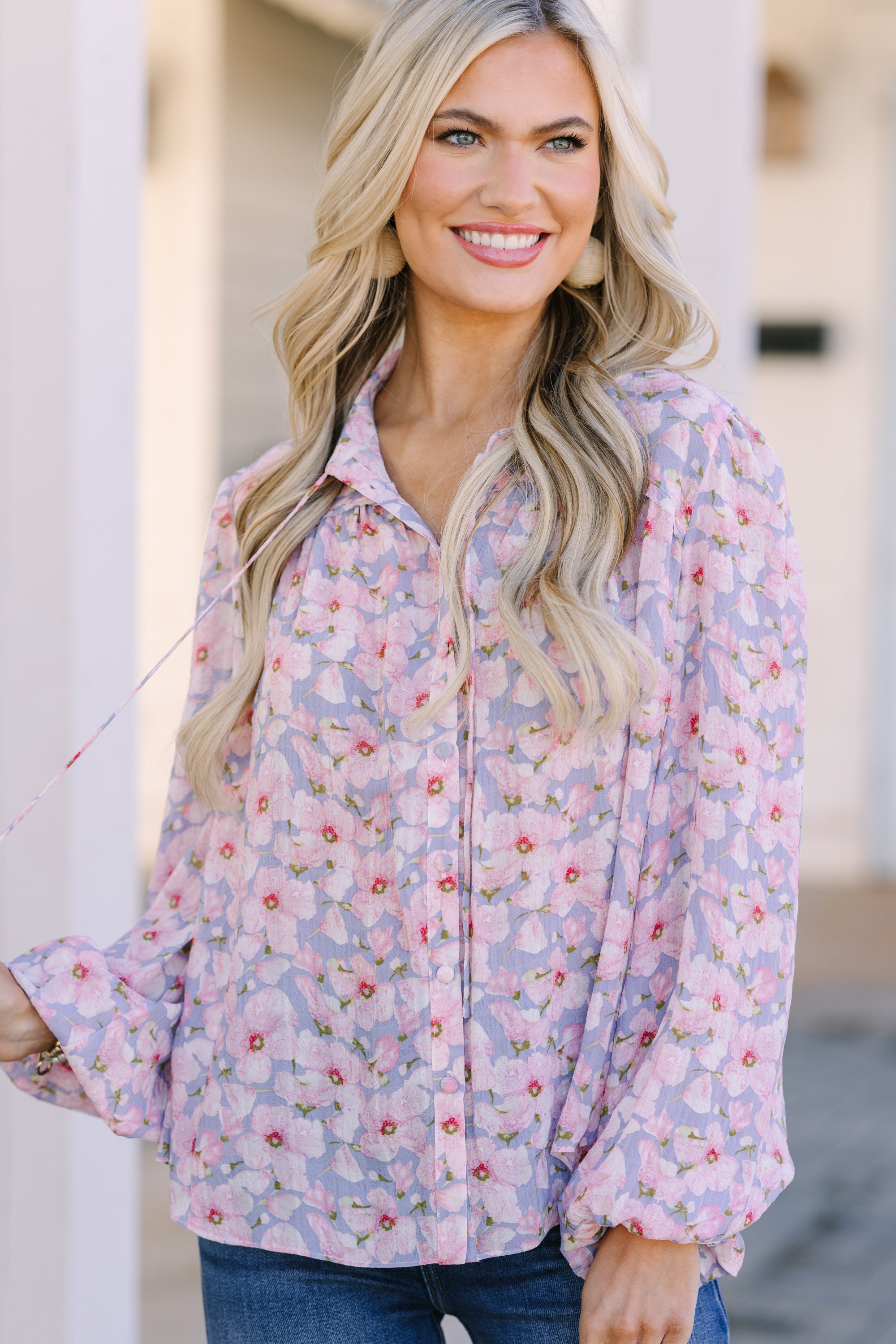 Fate: All In A Day Light Blue Floral Blouse - Women's Elegant Floral Print Top for Casual Wear, Office & Date Night