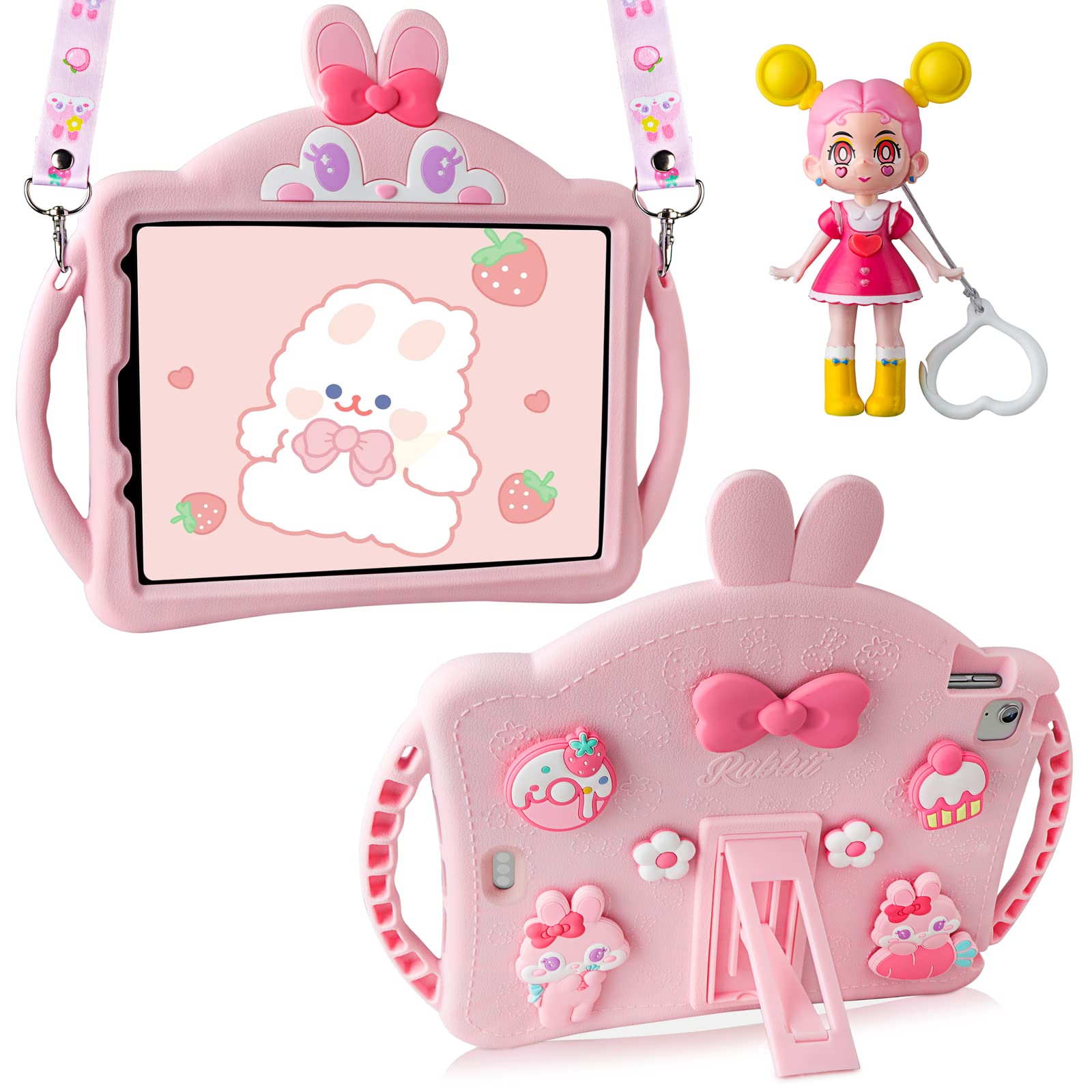 iPad Air 5th/4th Gen & iPad Pro 11 Inch Case with Adjustable Shoulder Strap - Cute Rabbit Soft Silicone Protective Cover for Girls - Perfect for School, Travel, and Daily Use