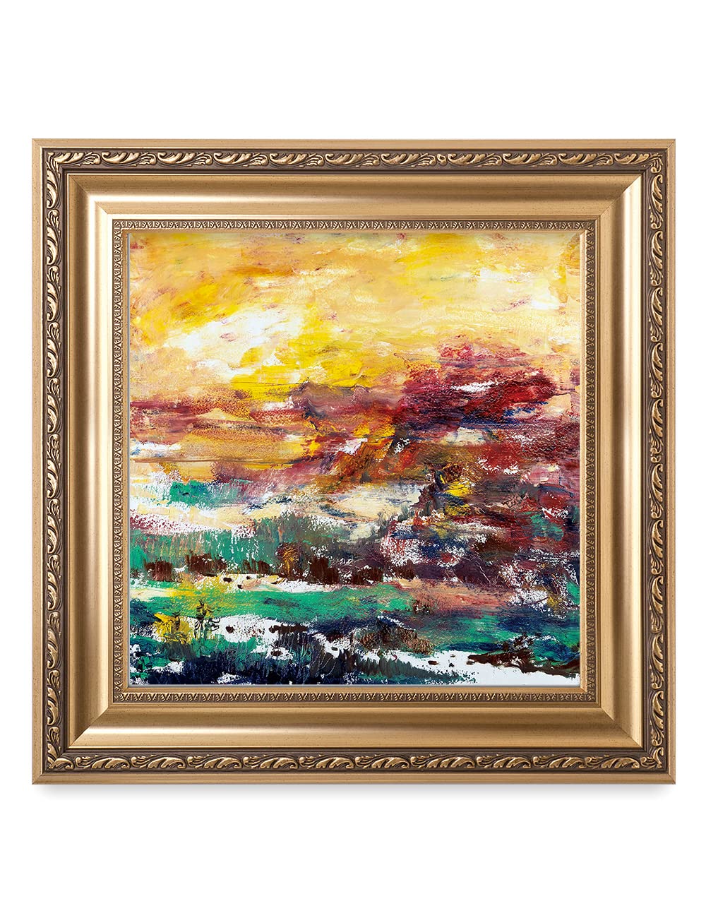 DECORARTS - First Grass by David Ma | Abstract Landscape Wall Art Print | Giclee on Canvas in Classic Golden Frame (22x22 Inches) | Ready to Hang | Perfect for Living Room, Bedroom & Office Decor