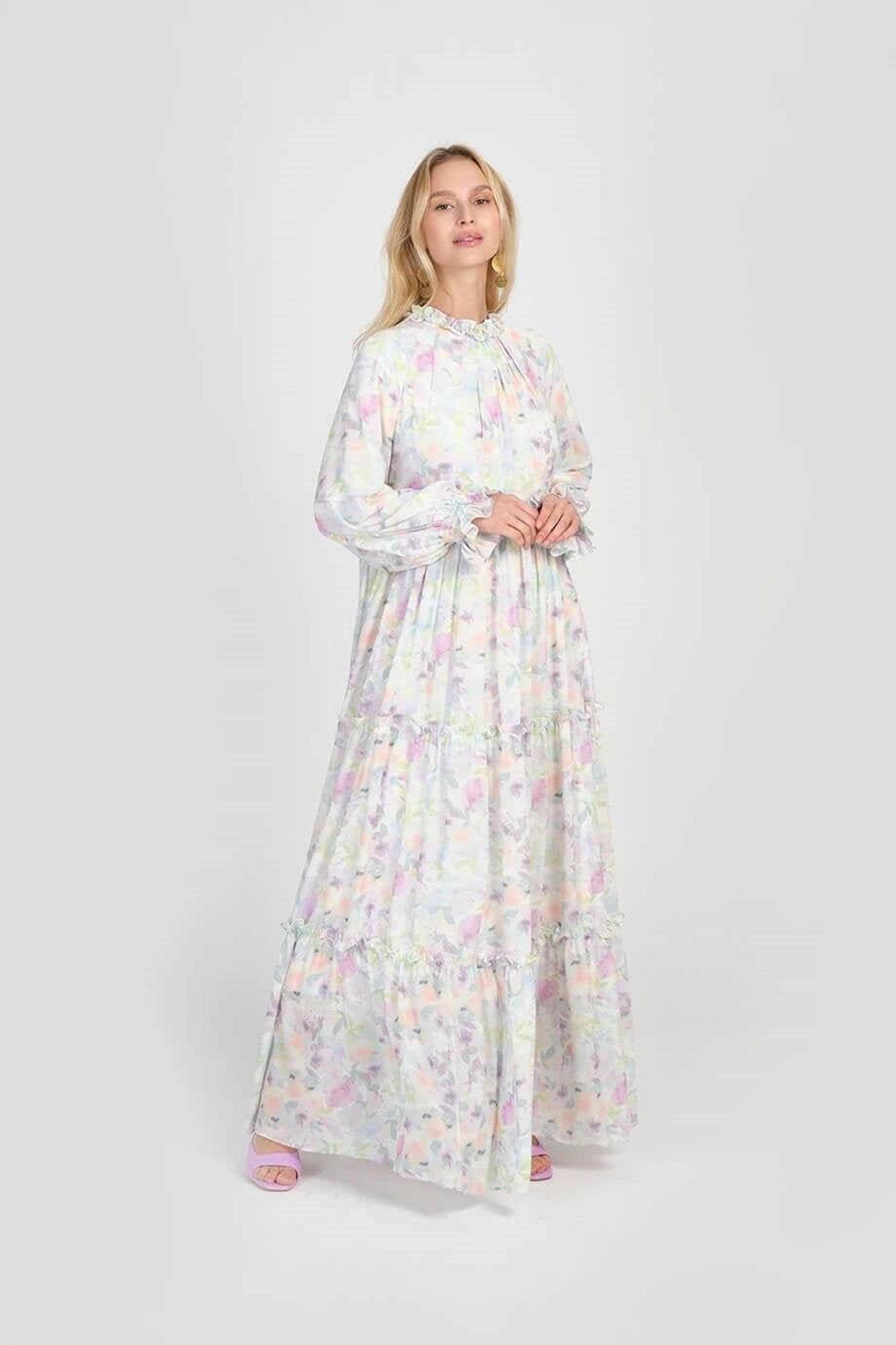 Maria White Women's Modest Dress - Elegant Long Sleeve Maxi Dress for Church, Wedding & Special Occasions