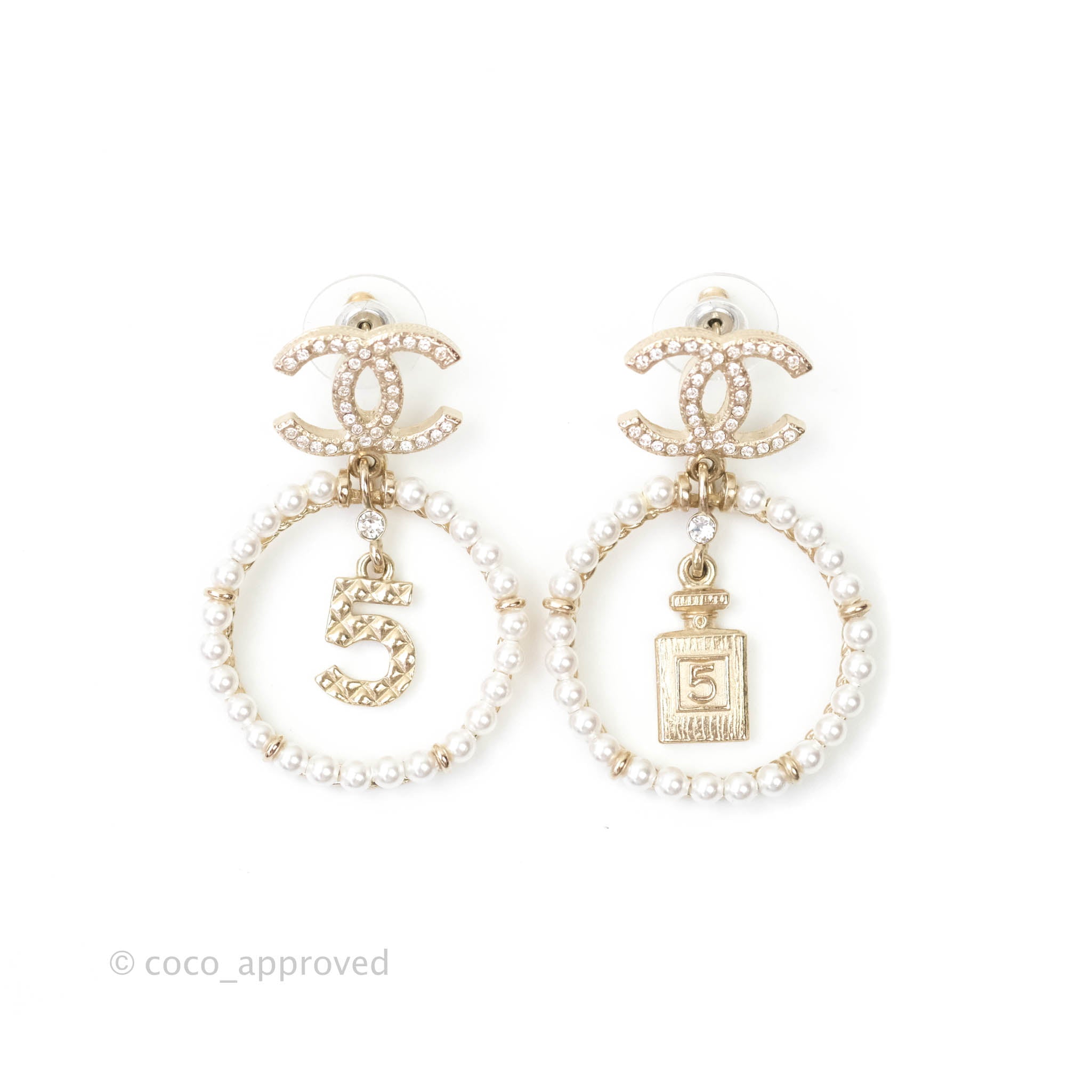 Chanel CC Crystal Pearl Ring & No.5 Drop Earrings Set - Luxury Fashion Jewelry for Women | Perfect for Parties, Weddings & Special Occasions