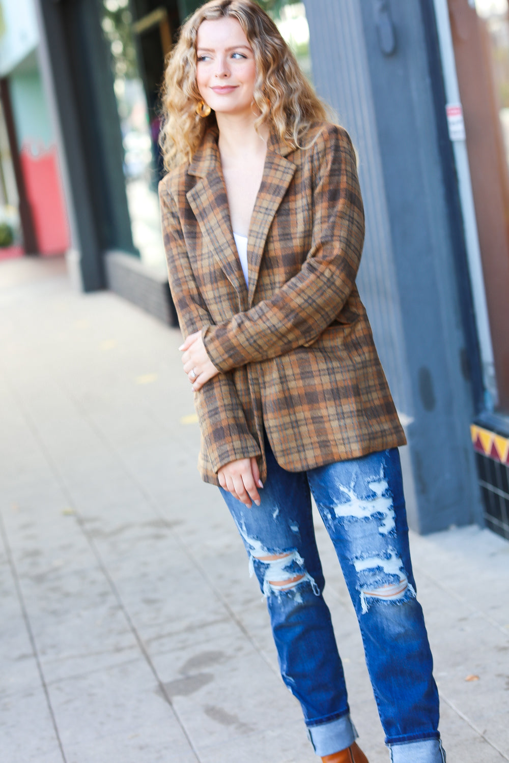 Make It Happen Spice Plaid Tailored Collar Lapel Blazer for Women - Stylish Office Wear & Business Casual Outfits