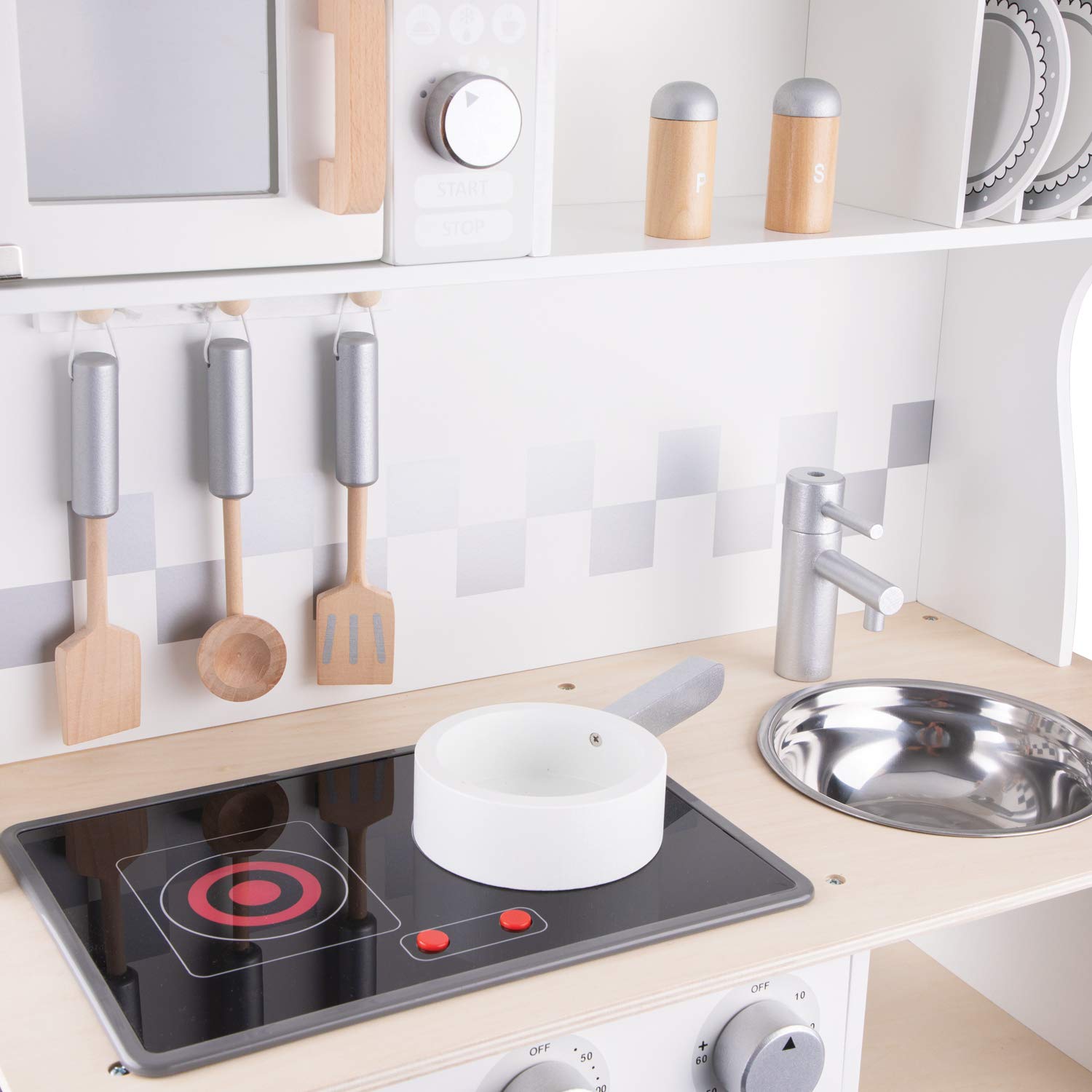 **Wooden Pretend Play Kitchen Set for Kids - Classic Toy with Electric Cooking Sounds & Accessories - Modern White Design - Perfect for Role Play & Imaginative Learning**