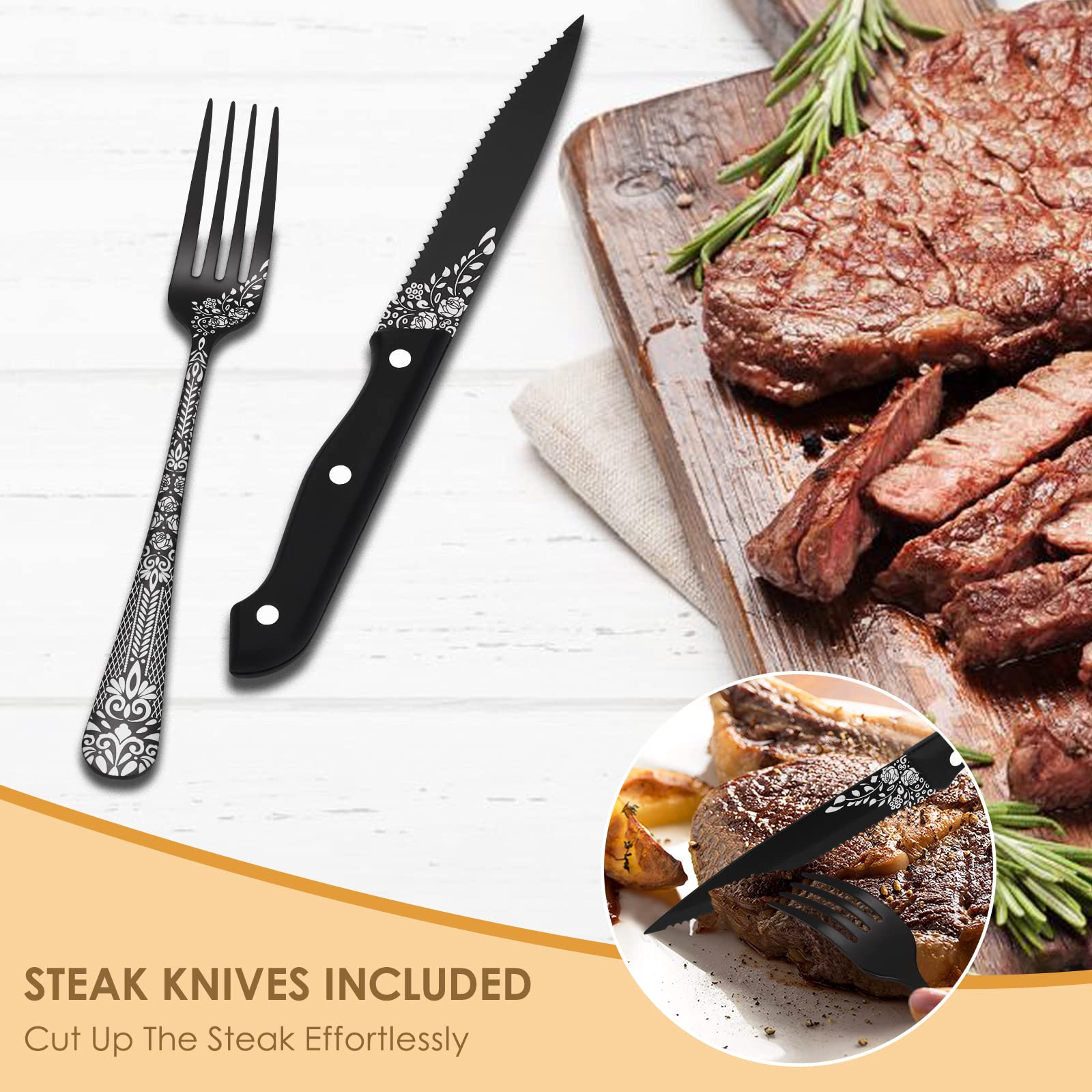 EUIRIO 36-Piece Black Silverware Set with Steak Knives - 6-Person Stainless Steel Mirror Cutlery Set with Unique Floral Laser Design (Spoons, Forks, Knives) - Dishwasher Safe Flatware for Everyday Dining, Dinner Parties & Restaurant Use
