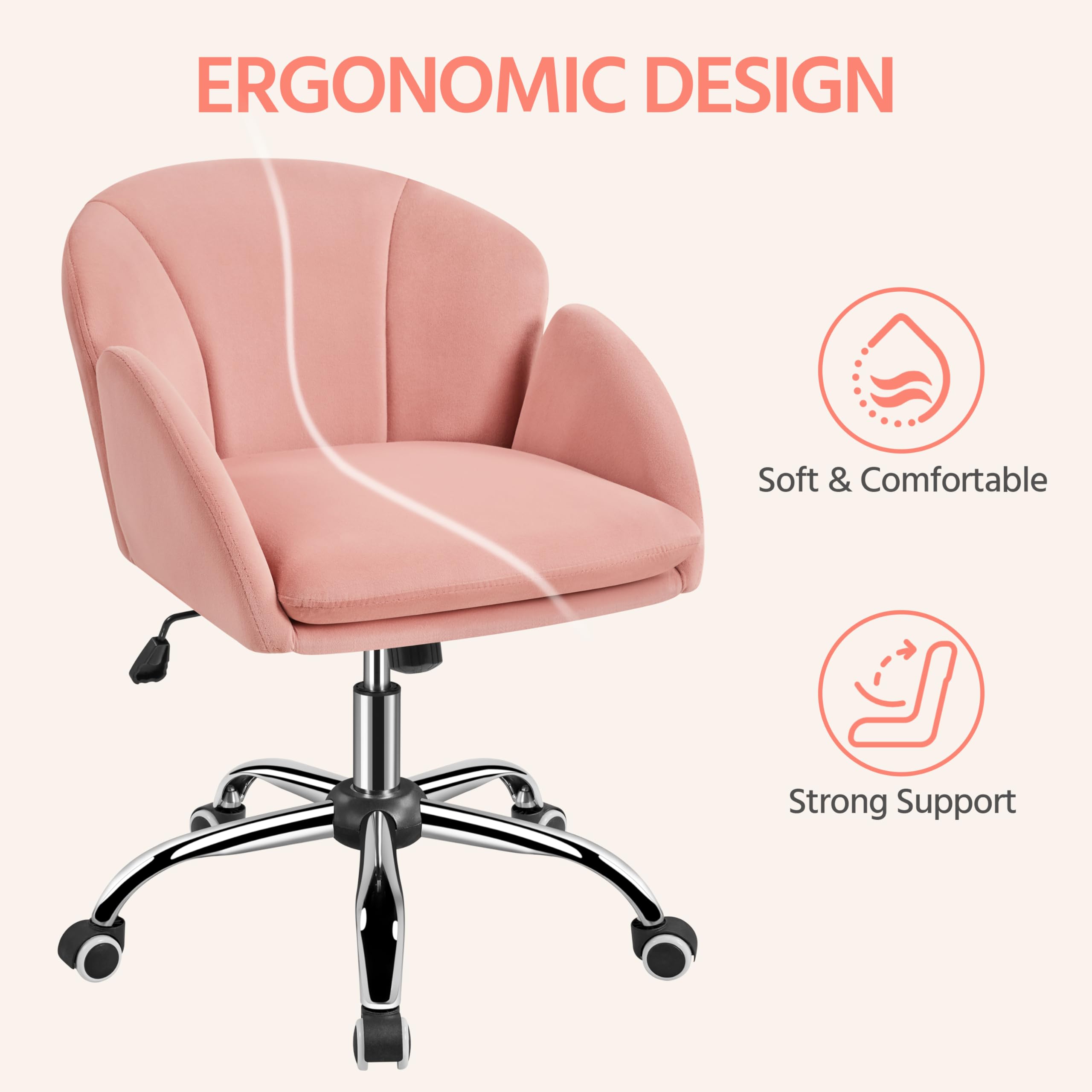 Yaheetech Pink Velvet Desk Chair - Modern Swivel Rolling Office Chair with Comfy Cushion for Home, Bedroom, Makeup Vanity | Perfect for Working, Studying, Gaming & Beauty Routine