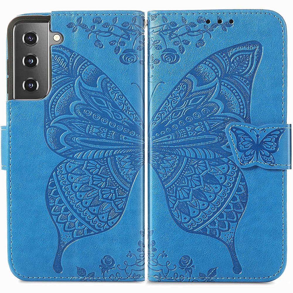 Premium PU Leather Samsung Galaxy S22 Case with Kickstand, Card Slots & Wrist Strap - Elegant Embossed Butterfly Flower Design for Samsung S22 (6.1 inch, A-Blue) | Perfect for Work, Travel & Everyday Protection