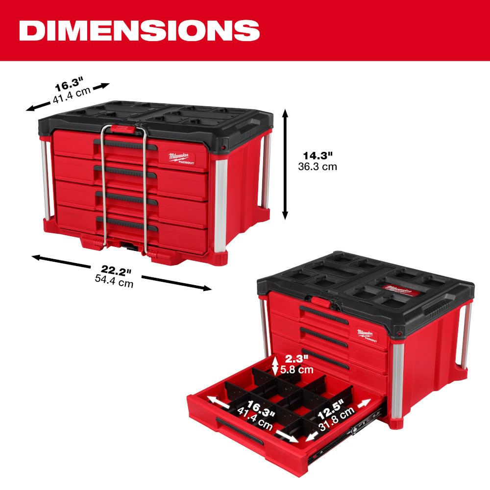 Milwaukee Packout 4 Drawer Tool Organizer Box 48-22-8444 - Heavy Duty Storage for Tools & Accessories - Perfect for Job Sites, Workshops & DIY Projects