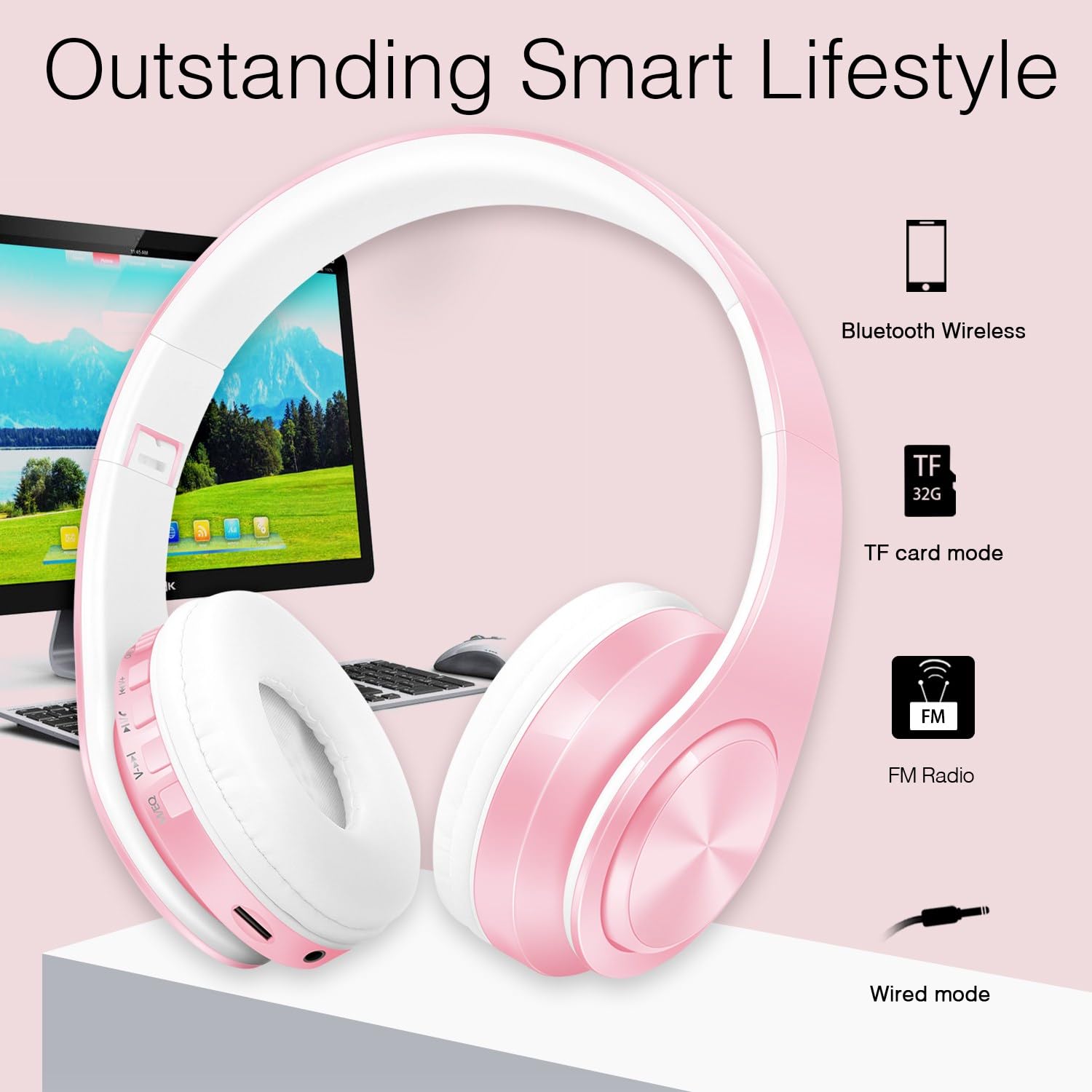 RAT TAIL V5.0 Bluetooth Headphones Wireless Over-Ear Foldable Headset with Micro SD/TF, FM, Soft Earmuffs - Lightweight for Long Wear, Compatible with Phone & PC (Pink) - Perfect for Travel, Workouts & Gaming