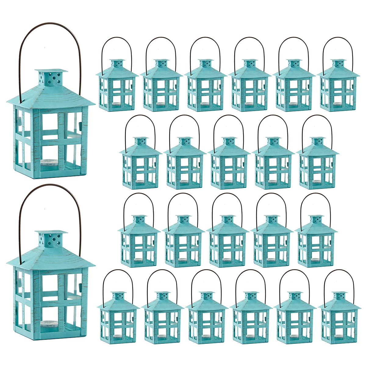 Kate Aspen Mini Decorative Lanterns - Set of 24 Vintage Metal Tealight Candle Holders - Wedding Table Centerpiece, Party Favors & Home Decor in Turquoise - Perfect for Weddings, Parties & Romantic Ambiance
