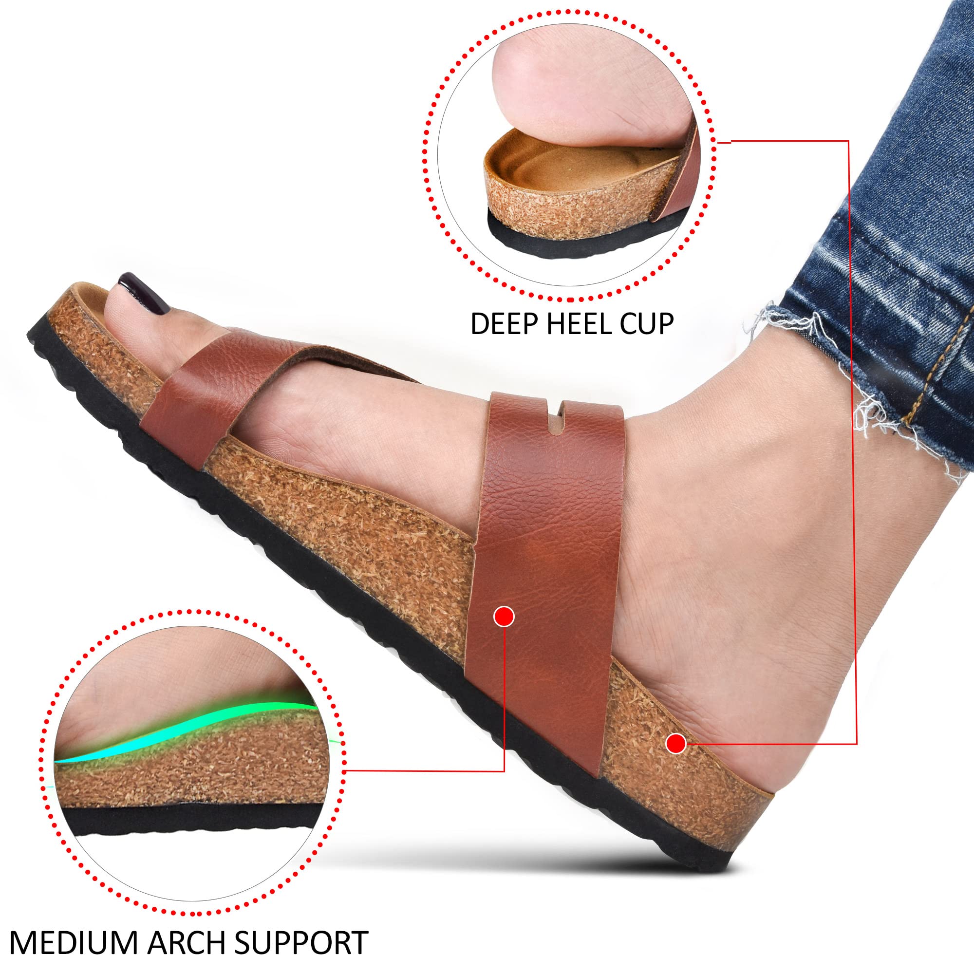 AEROTHIC Women's Strappy Slip-On Sandals with Memory Foam Cushion & Cork Footbed - Adjustable Buckle, Arch Support for All-Day Comfort - Perfect for Beach, Pool, Travel & Casual Wear