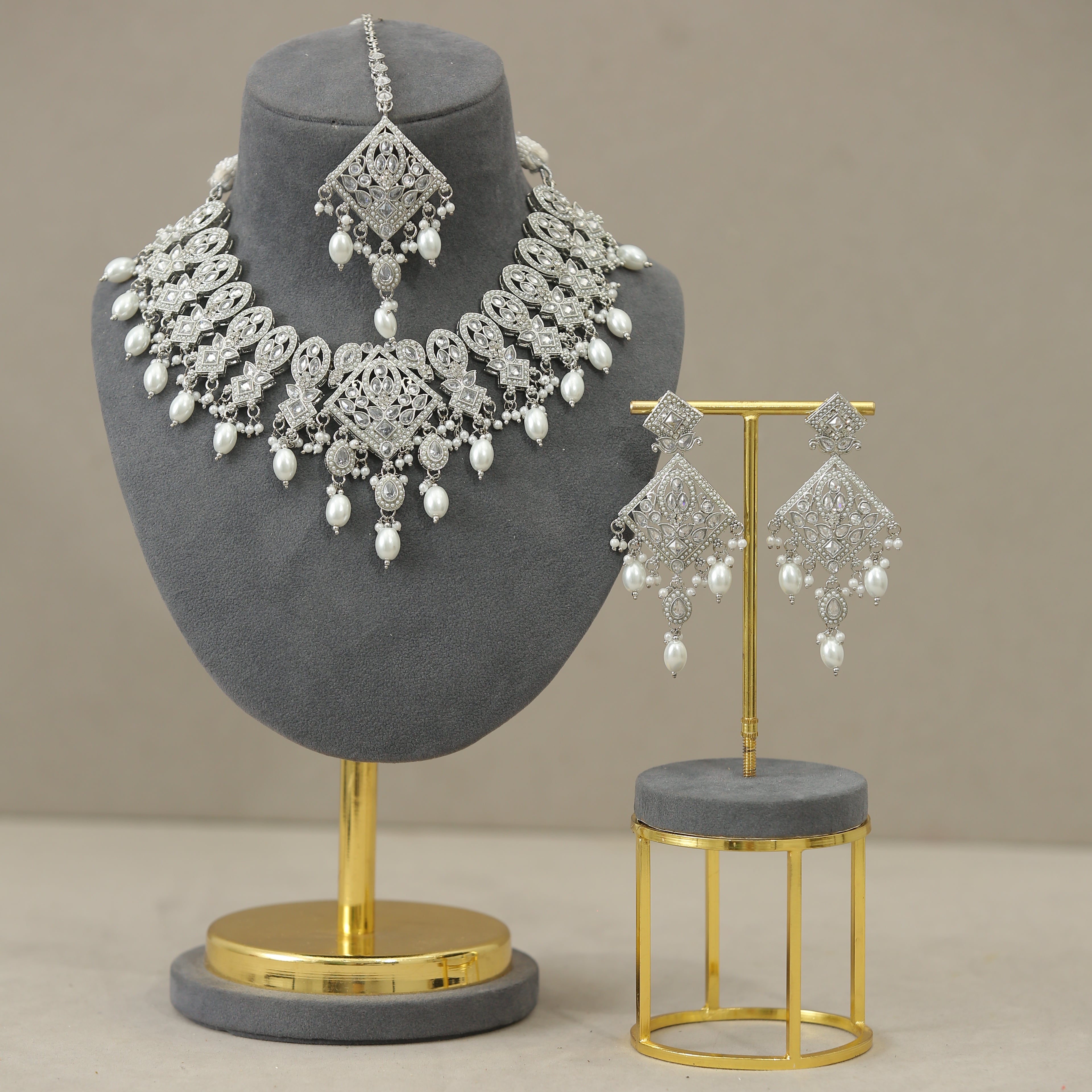 Garima Polki and Stone Jewelry Set with Tikka - Traditional Indian Bridal Necklace, Earrings, and Headpiece for Weddings & Festive Occasions