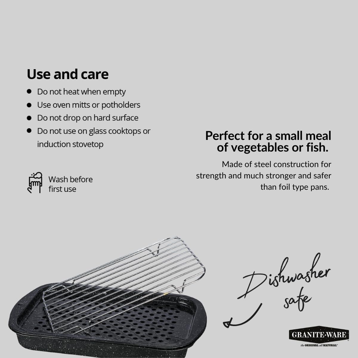Granite Ware 3-Piece Enameled Steel Cookware Set - Bake Pan, Broiler Pan & Grill with Rack - Oven & Direct Fire Cooking - Heat Resistant up to 932°F - Perfect for Camping, Outdoor Grilling & Home Baking