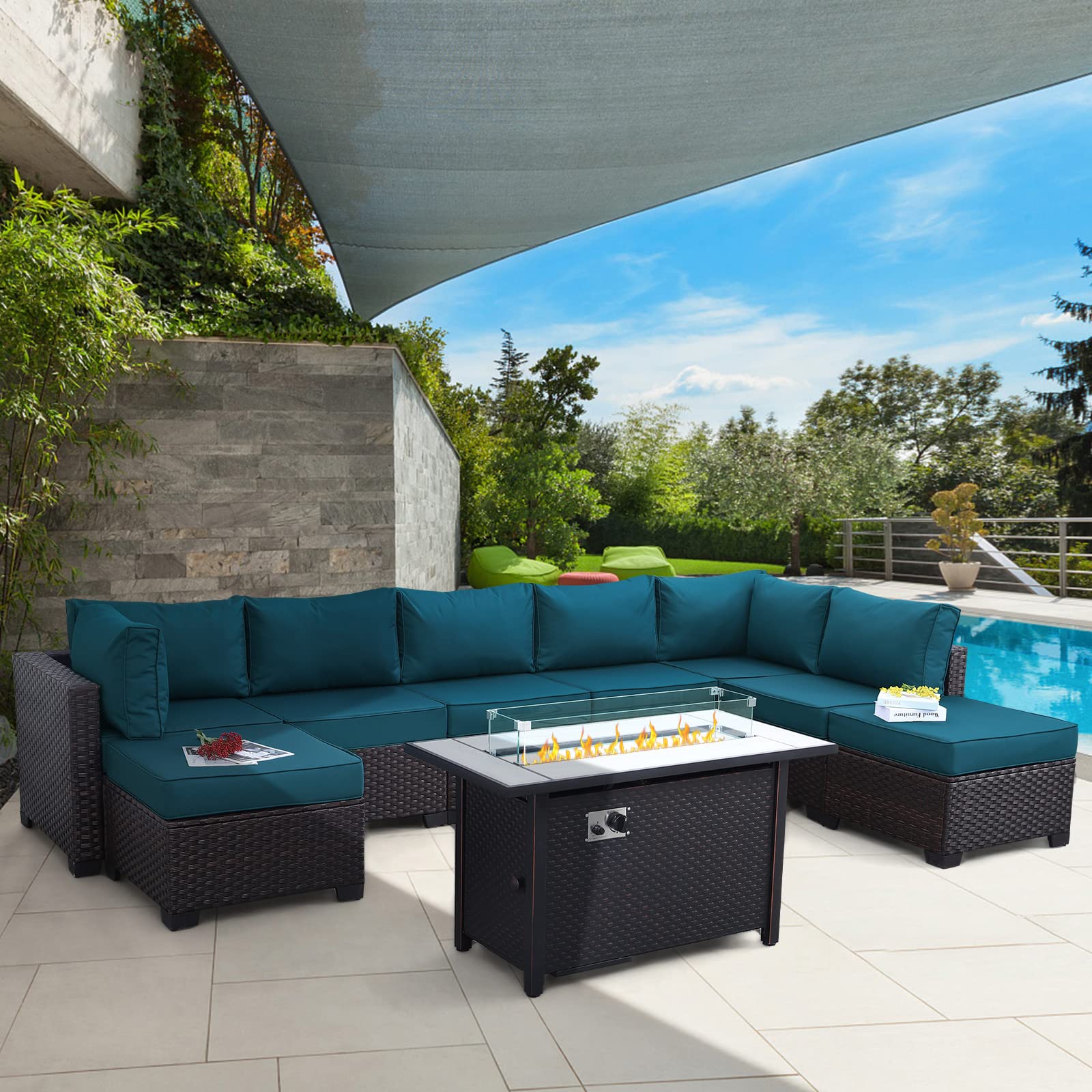 9-Piece PE Rattan Outdoor Patio Furniture Set with Peacock Blue Cushions & 45