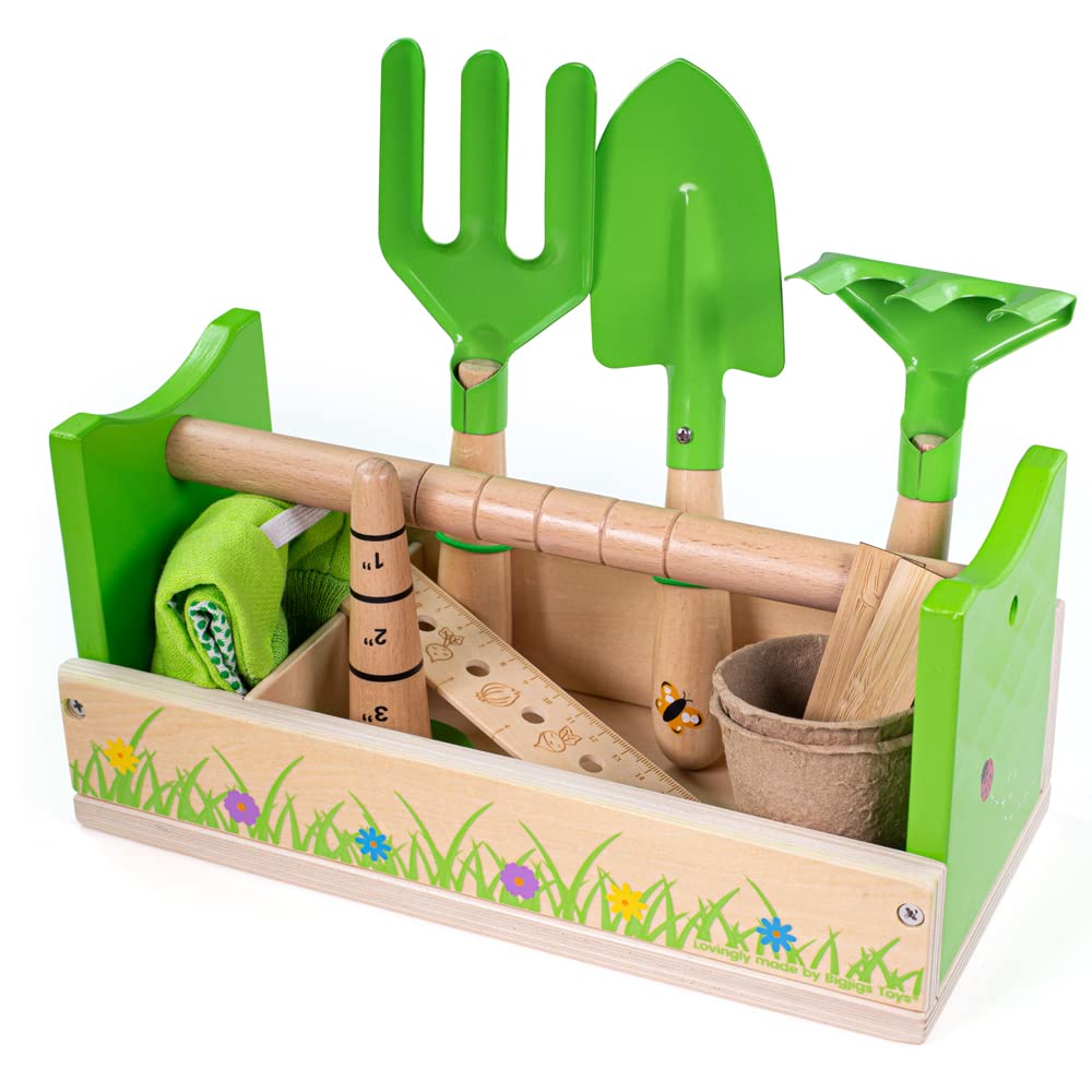Bigjigs Toys Wooden Gardening Caddy for Kids - Children's Gardening Tools Set with Outdoor Toy Accessories - Perfect for Backyard Play, Garden Activities & Educational Fun